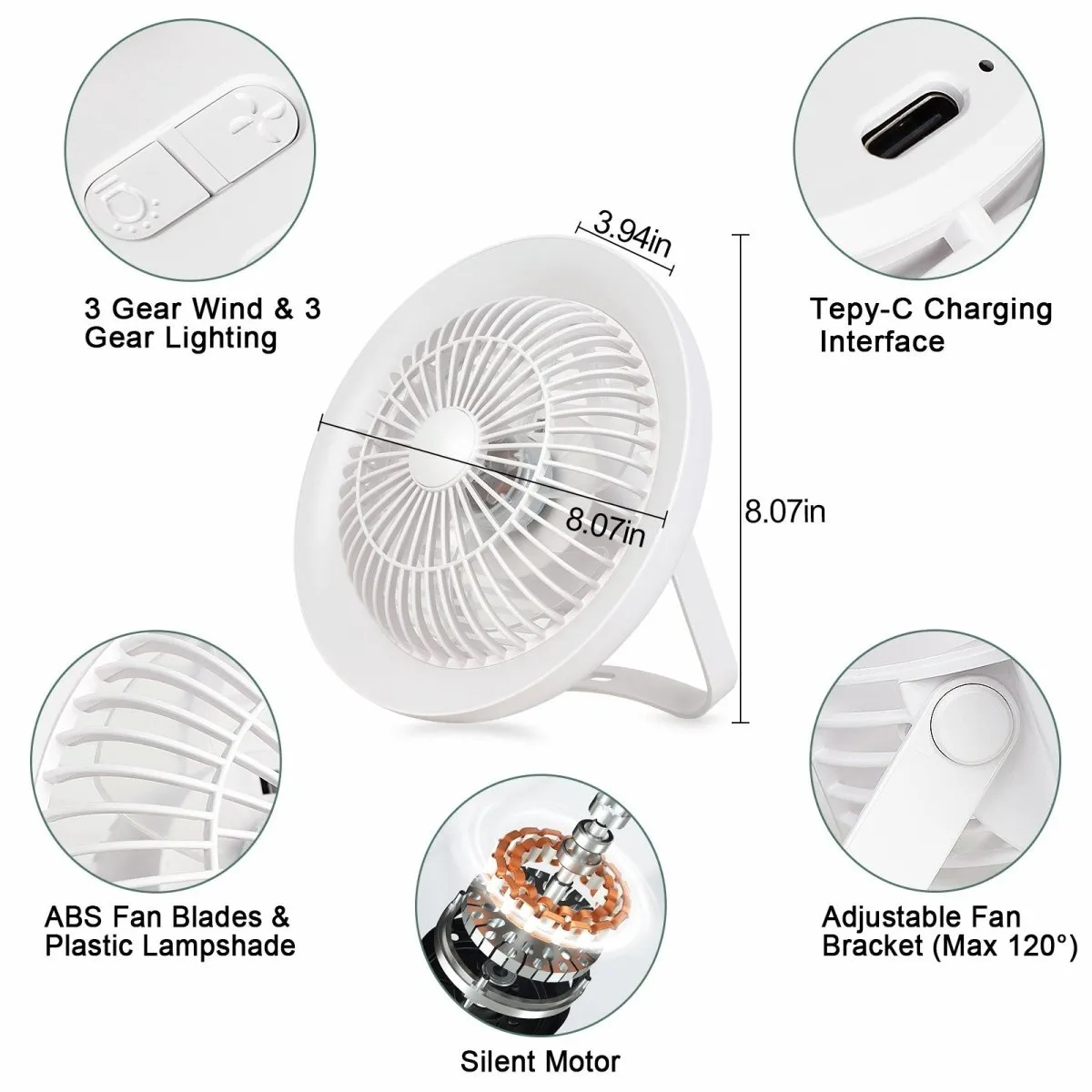 Depuley Rechargeable USB Desk Fan 4000mAH, Portable Fan with LED Light, 8" Tabletop Air Circulator Fan with 3 Speeds, Personal Desk Fan with Hanging Hook for Tent, Office