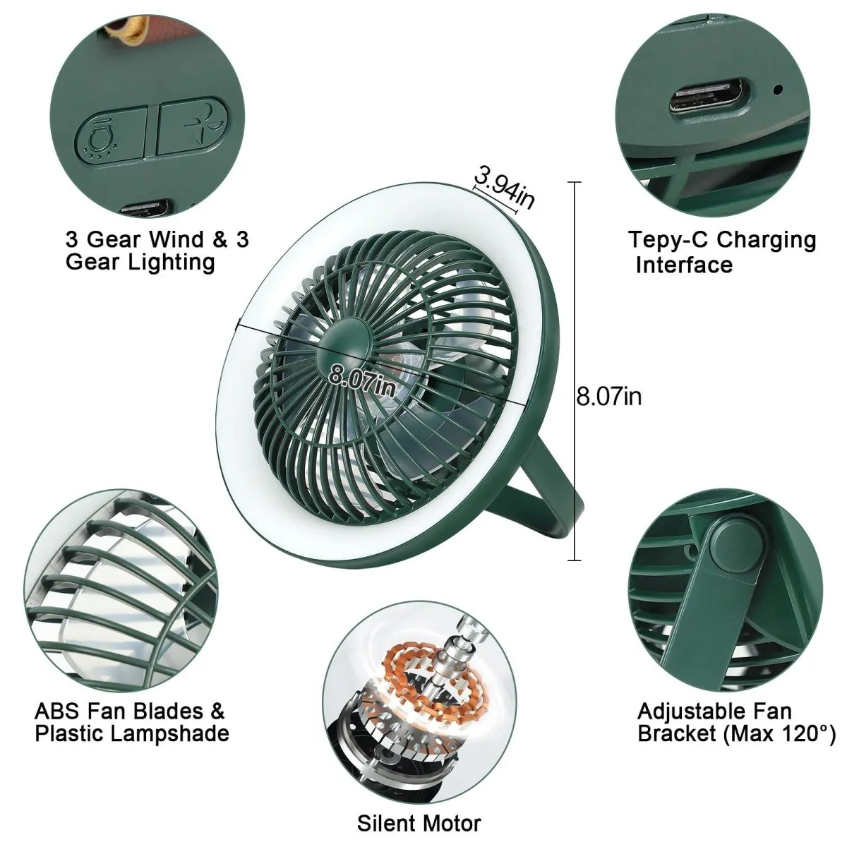 Depuley Rechargeable USB Desk Fan 4000mAH, Portable Fan with LED Light, 8" Tabletop Air Circulator Fan with 3 Speeds, Personal Desk Fan with Hanging Hook for Tent, Office