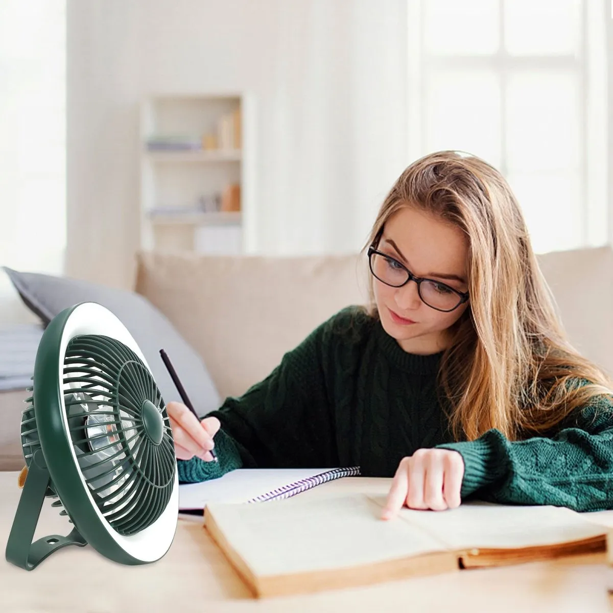 Depuley Rechargeable USB Desk Fan 4000mAH, Portable Fan with LED Light, 8" Tabletop Air Circulator Fan with 3 Speeds, Personal Desk Fan with Hanging Hook for Tent, Office