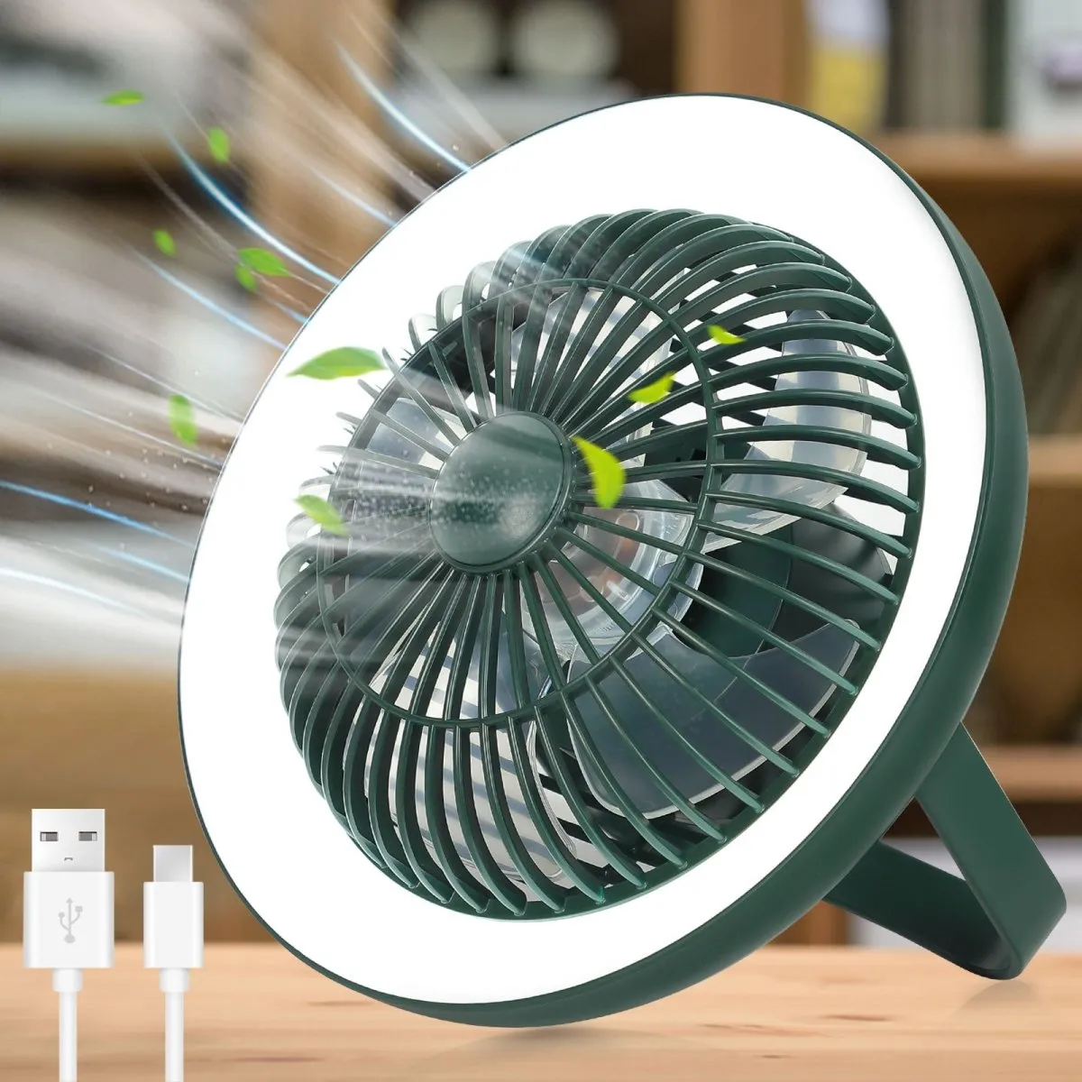 Depuley Rechargeable USB Desk Fan 4000mAH, Portable Fan with LED Light, 8" Tabletop Air Circulator Fan with 3 Speeds, Personal Desk Fan with Hanging Hook for Tent, Office