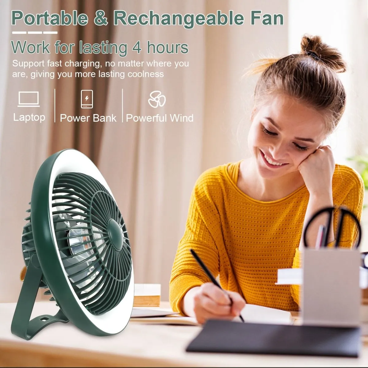 Depuley Rechargeable USB Desk Fan 4000mAH, Portable Fan with LED Light, 8" Tabletop Air Circulator Fan with 3 Speeds, Personal Desk Fan with Hanging Hook for Tent, Office