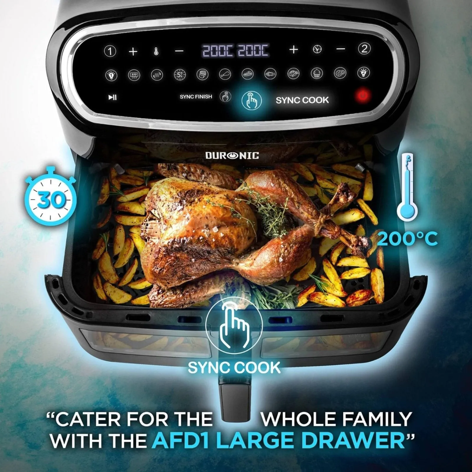 Duronic Dual Air Fryer with Visual Window AF34 Black and Silver, 3 Draws Included, Dual Zone Double Basket Airfryer Family Sized Multi Cooker, 1 x 10L Large Drawer, 2 x 5L Twin Drawers, 10 Presets