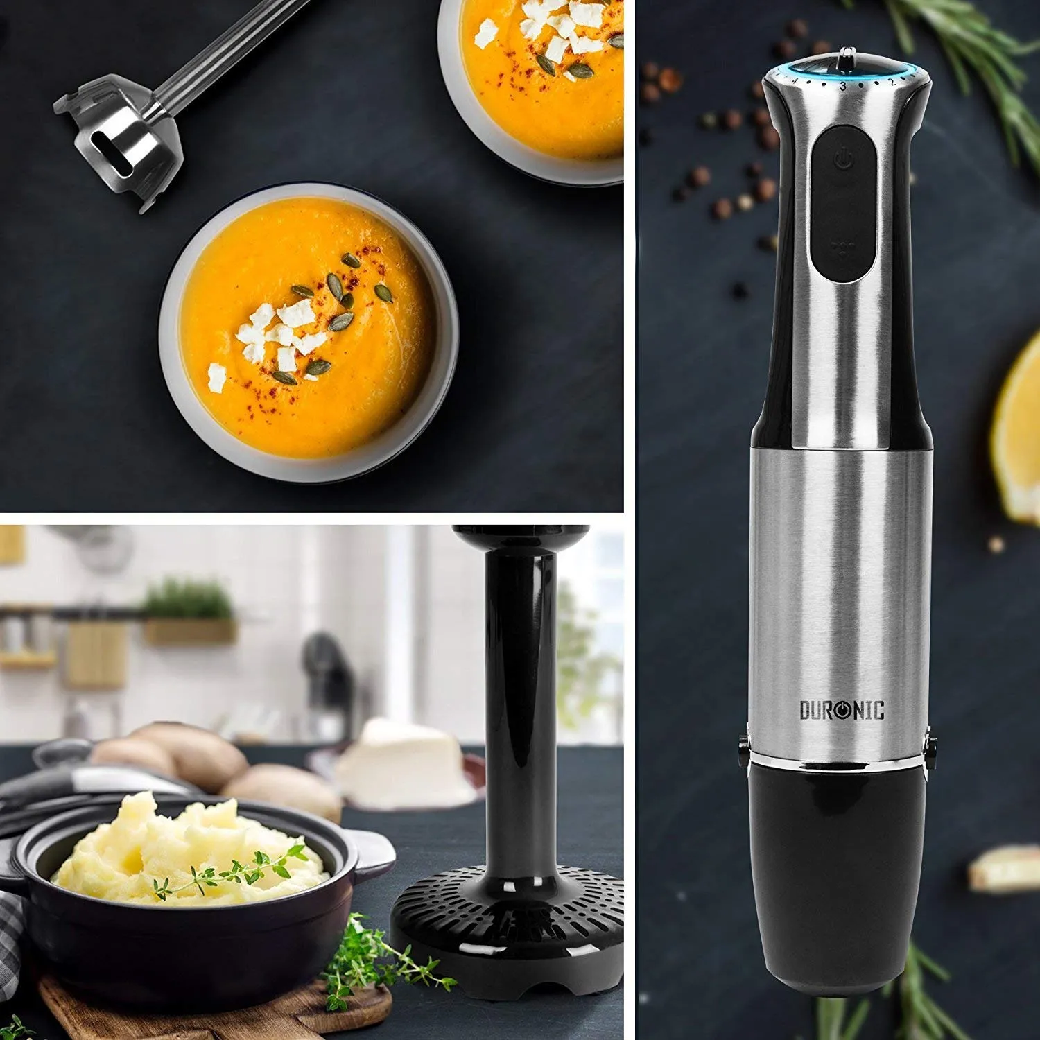 Duronic Hand Blender HB8010 Immersion Blender Electric Handheld Blender Stick Stainless Steel Blending Machine for Soup Sauces Hand Held Blenders with Chopper Whisk Masher 2 Jugs Storage Stand - Black