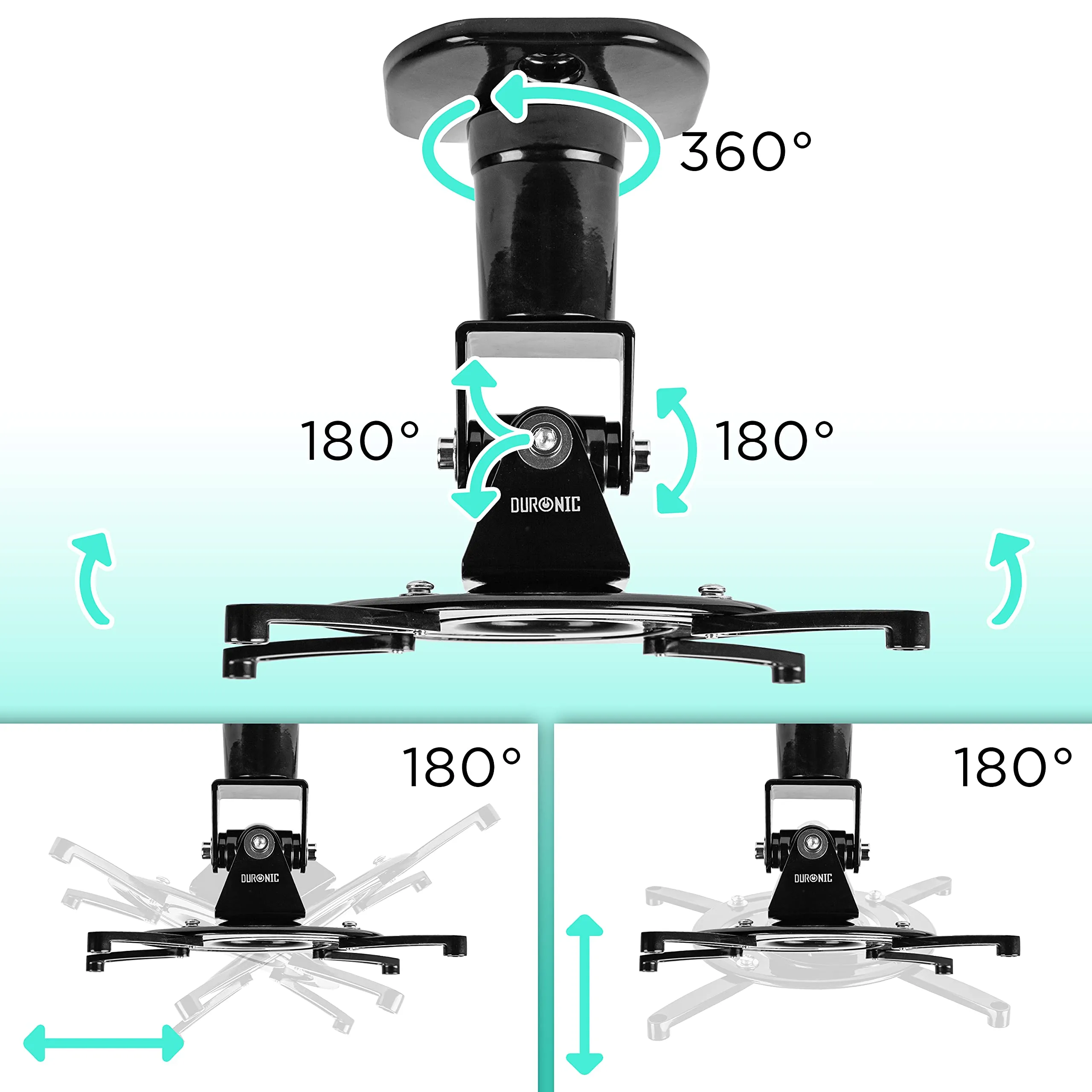 Duronic Projector Mount PB03XB | Bracket Fixing for Ceiling | 13.6kg Capacity | Universal | Heavy Duty | Fittings Included | Rotate 306 °, Swivel 40 °, Tilt 60° for Easy Projection Set-Up