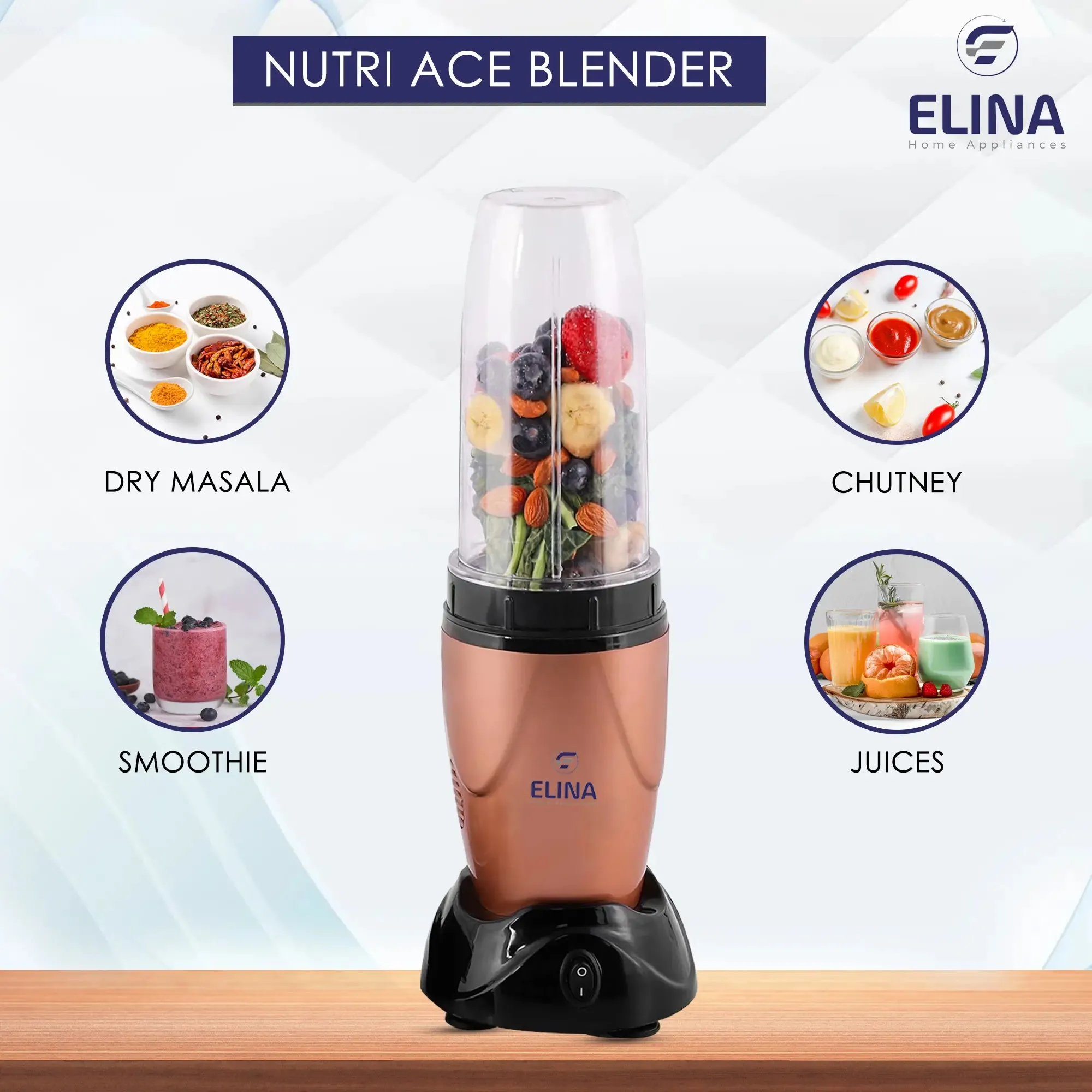 Elina Nutri ACE Mixer Grinder, Blender 450-watt Copper Motor, 2 Jars, Stainless Steel Blades, Copper