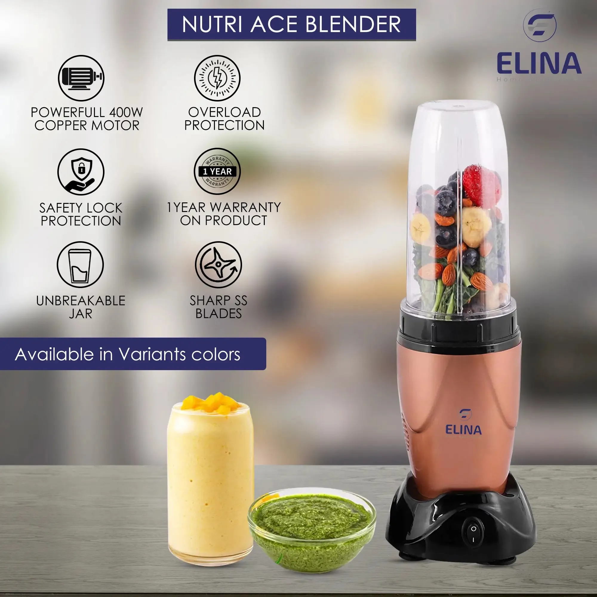 Elina Nutri ACE Mixer Grinder, Blender 450-watt Copper Motor, 2 Jars, Stainless Steel Blades, Copper