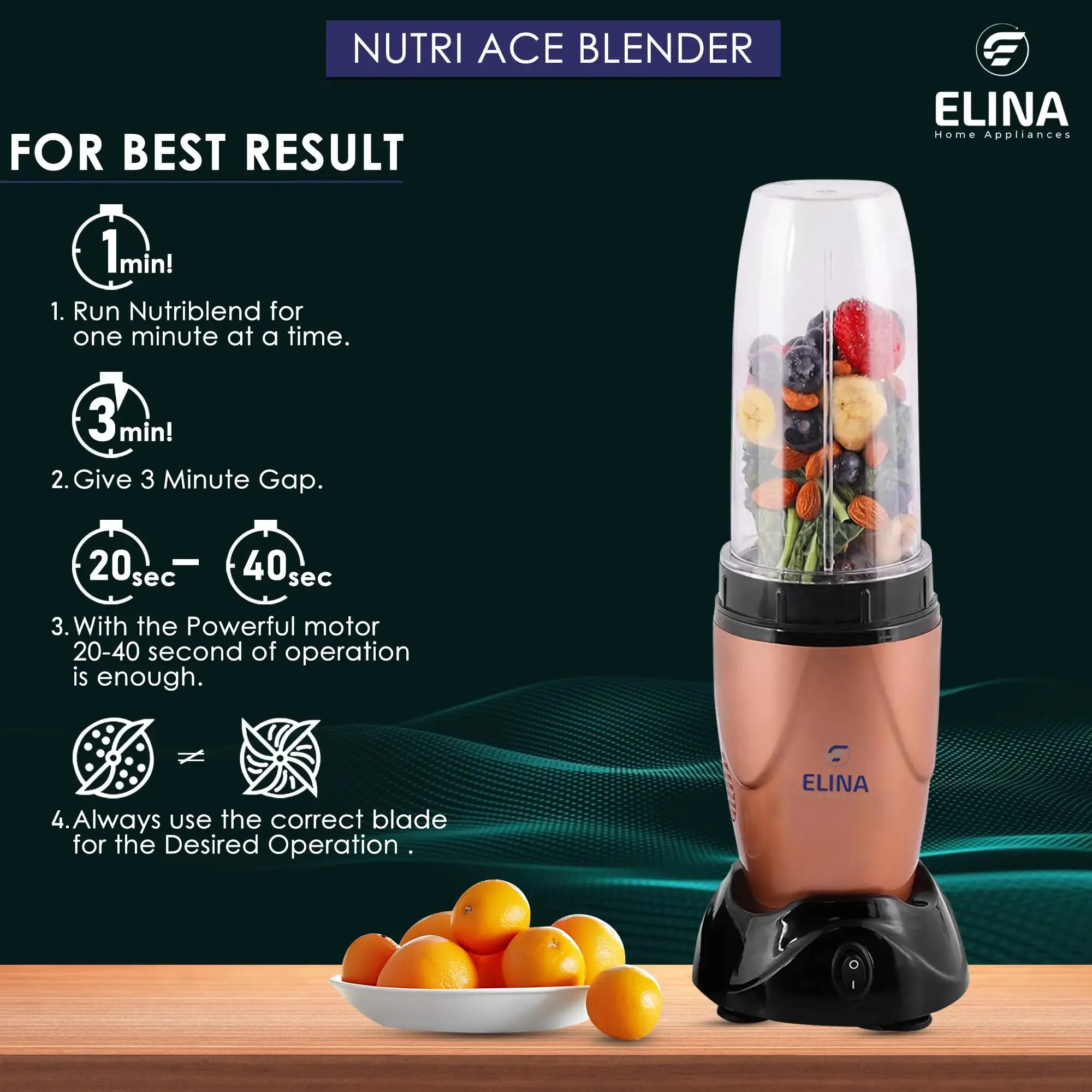 Elina Nutri ACE Mixer Grinder, Blender 450-watt Copper Motor, 2 Jars, Stainless Steel Blades, Copper