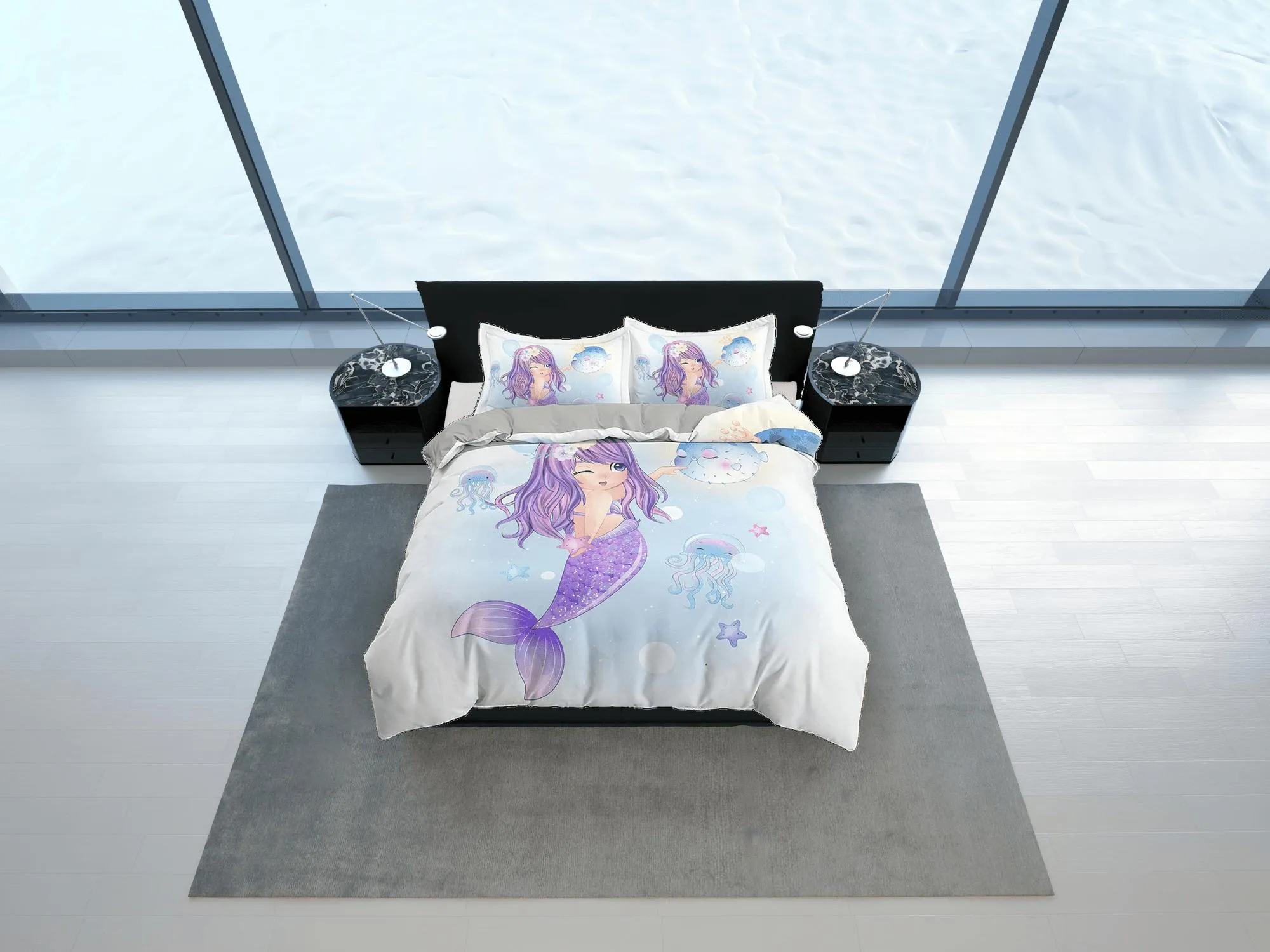 Fantasy Mermaid Purple Bedding, Duvet Cover Set & Pillowcase, Zipper Bedding, Dorm Bedding, Teens Adult Duvet King Queen Full Twin Single