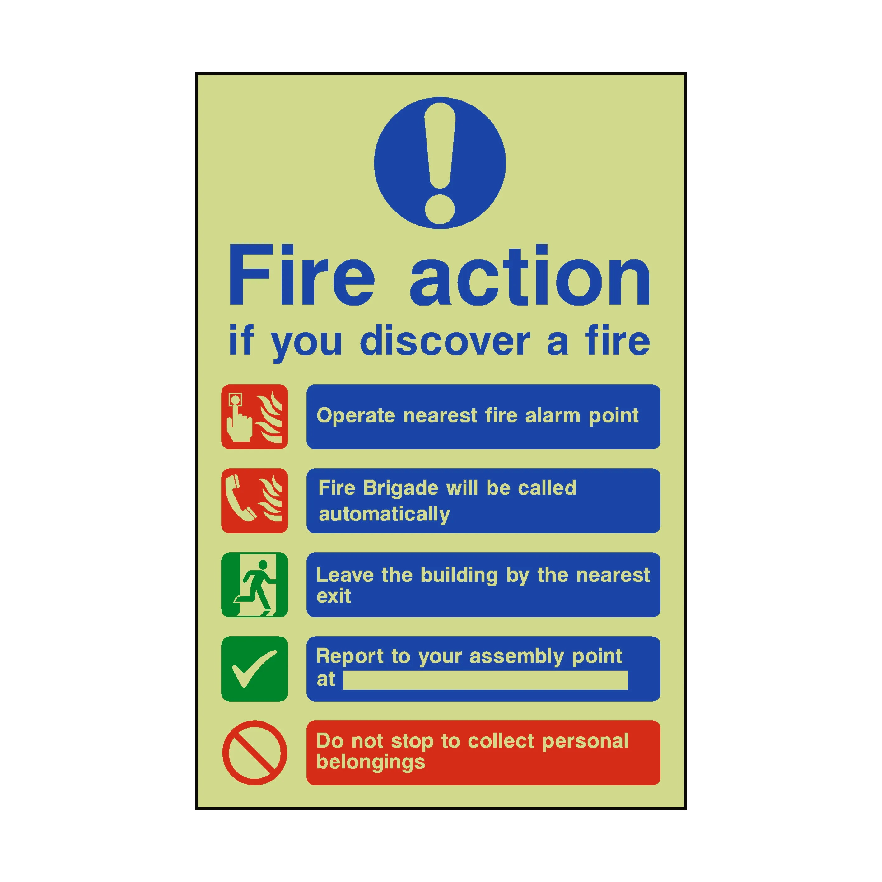 Fire Action Non-Lift Automatic Alarm Photoluminescent Sign