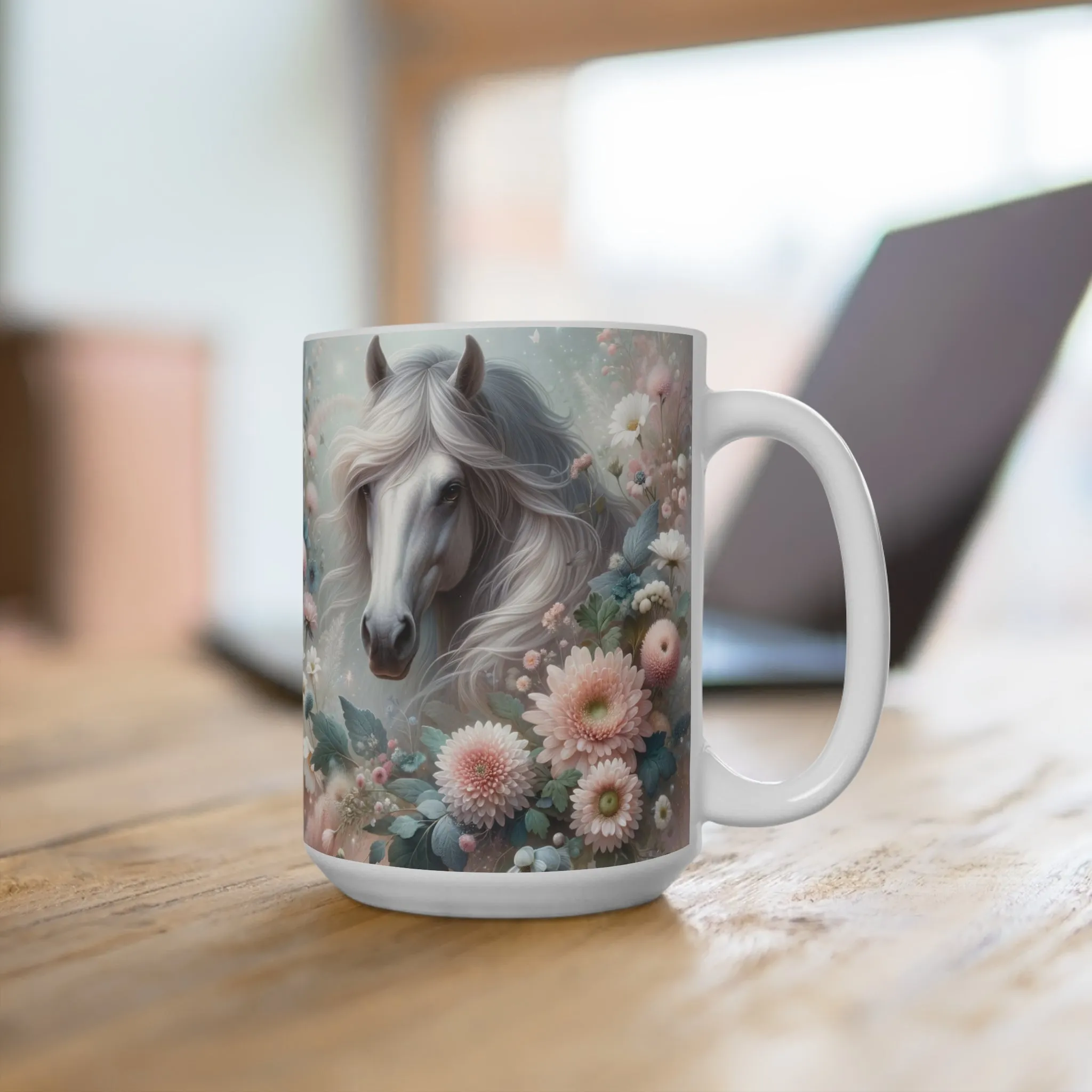 Floral Horse Mug, Enchanted Animal Coffee Cup, Fantasy Equine Art, Gift for Horse Lovers, Dainty Flowers Design, Unique Drinkware, Unique Gift Idea, Mug 15oz