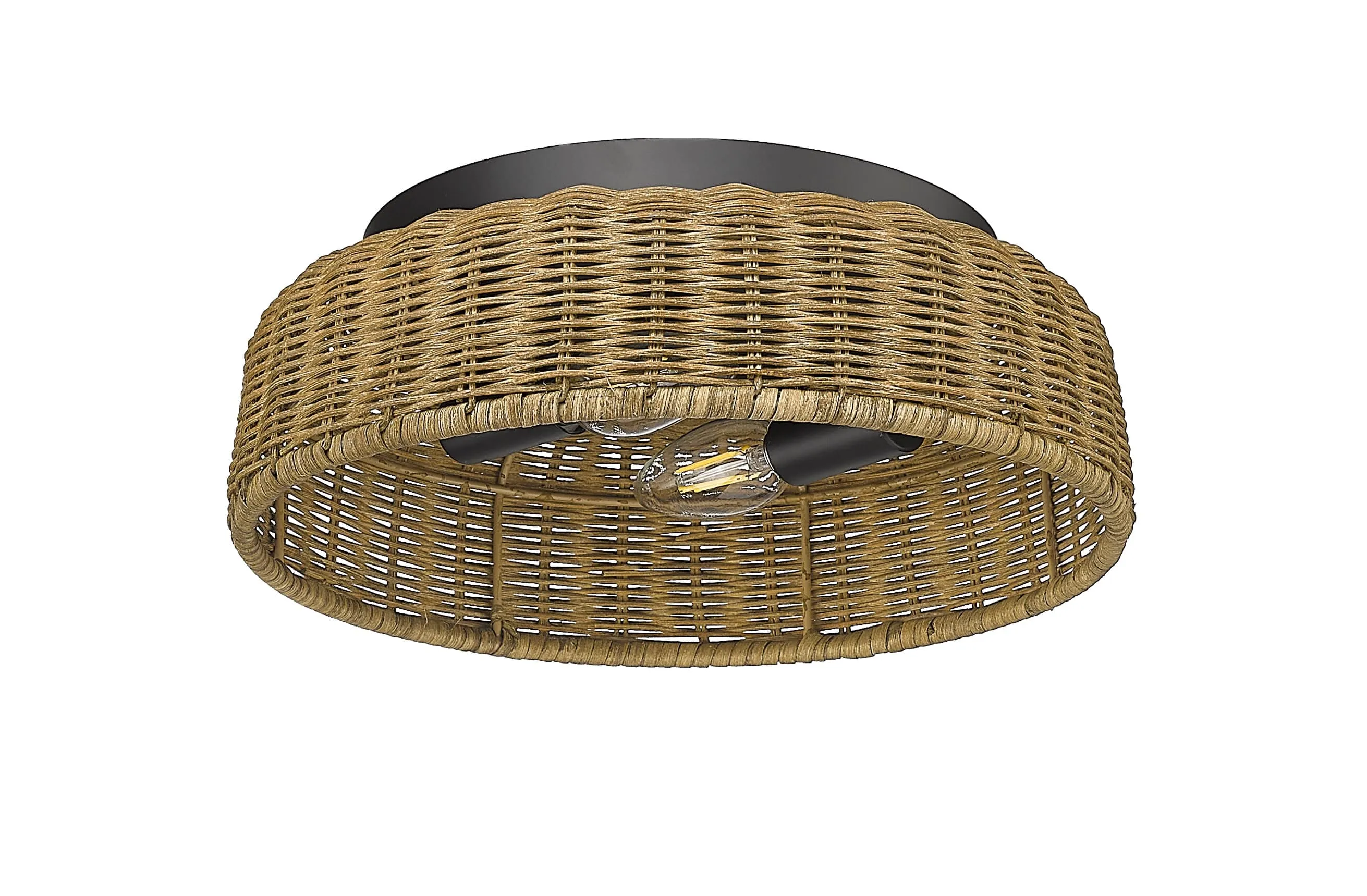 Flush Mount Fixture - Matte Black - Rattan Shade - 12in. Diameter - E12 Candelabra Base