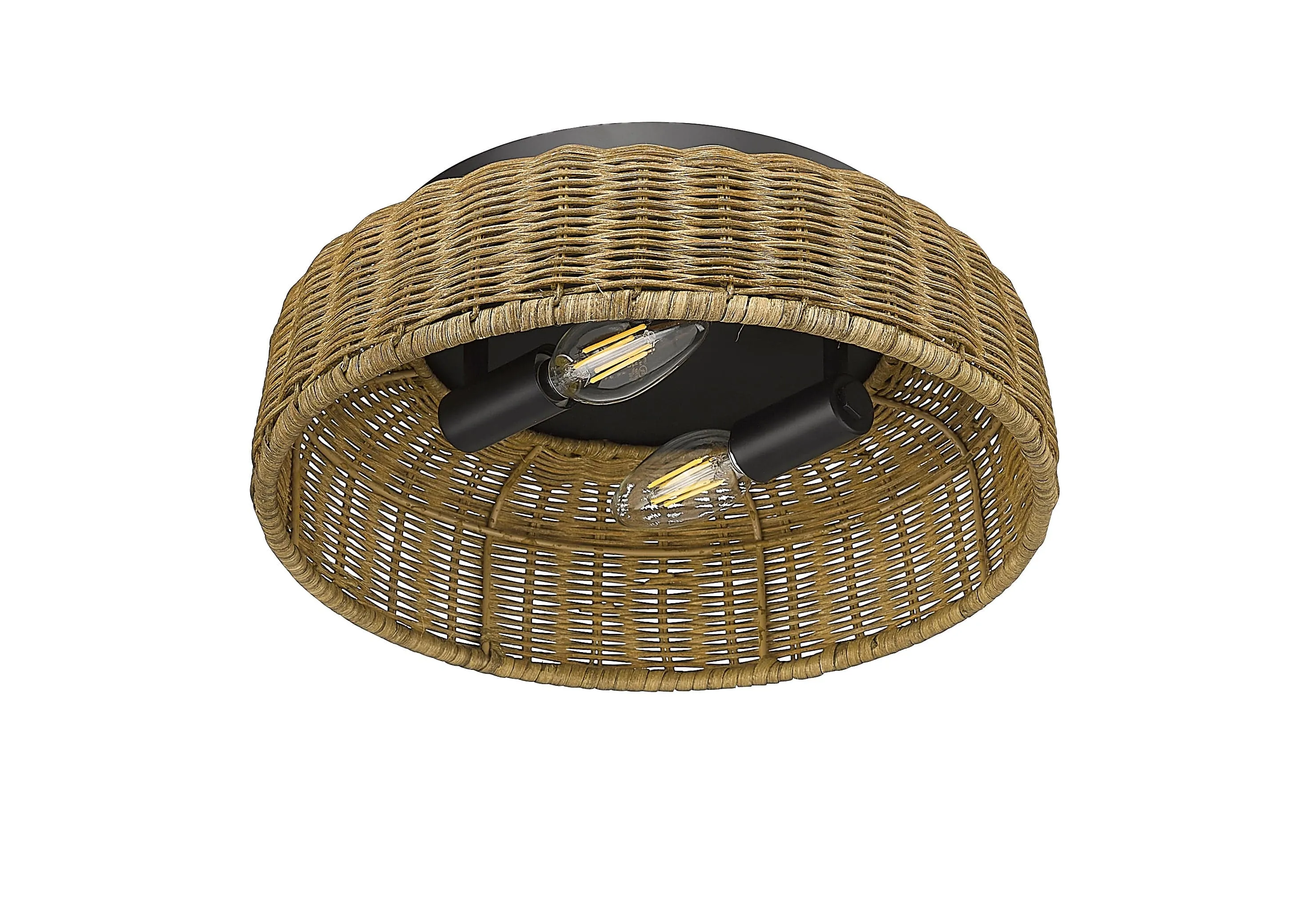 Flush Mount Fixture - Matte Black - Rattan Shade - 12in. Diameter - E12 Candelabra Base