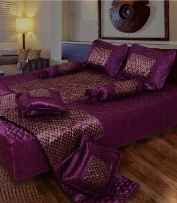 Generic Satin Gold Printed Double Bed ??? Bedding Wedding Set 1 Double Bed Bedsheet 2 Pillow Cover 1 Double Bed AC Comforter 2 Filled Cushions 2 Filled Bolsters - Set of 8 pcs (Purple)