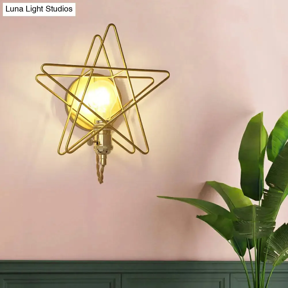 Gold Star Cage Wall Lamp - Simplicity Bedside Light Fixture - Metallic Finish - 1 Bulb