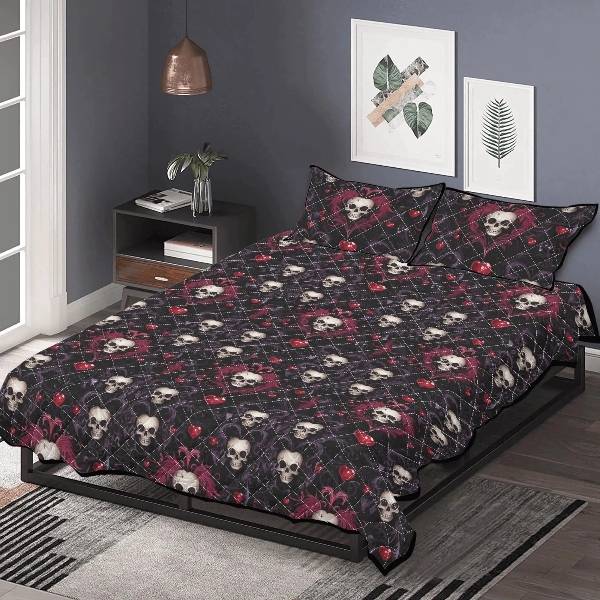 Gothic Dark Skulls Quilt Bedding Set 3 Sizes