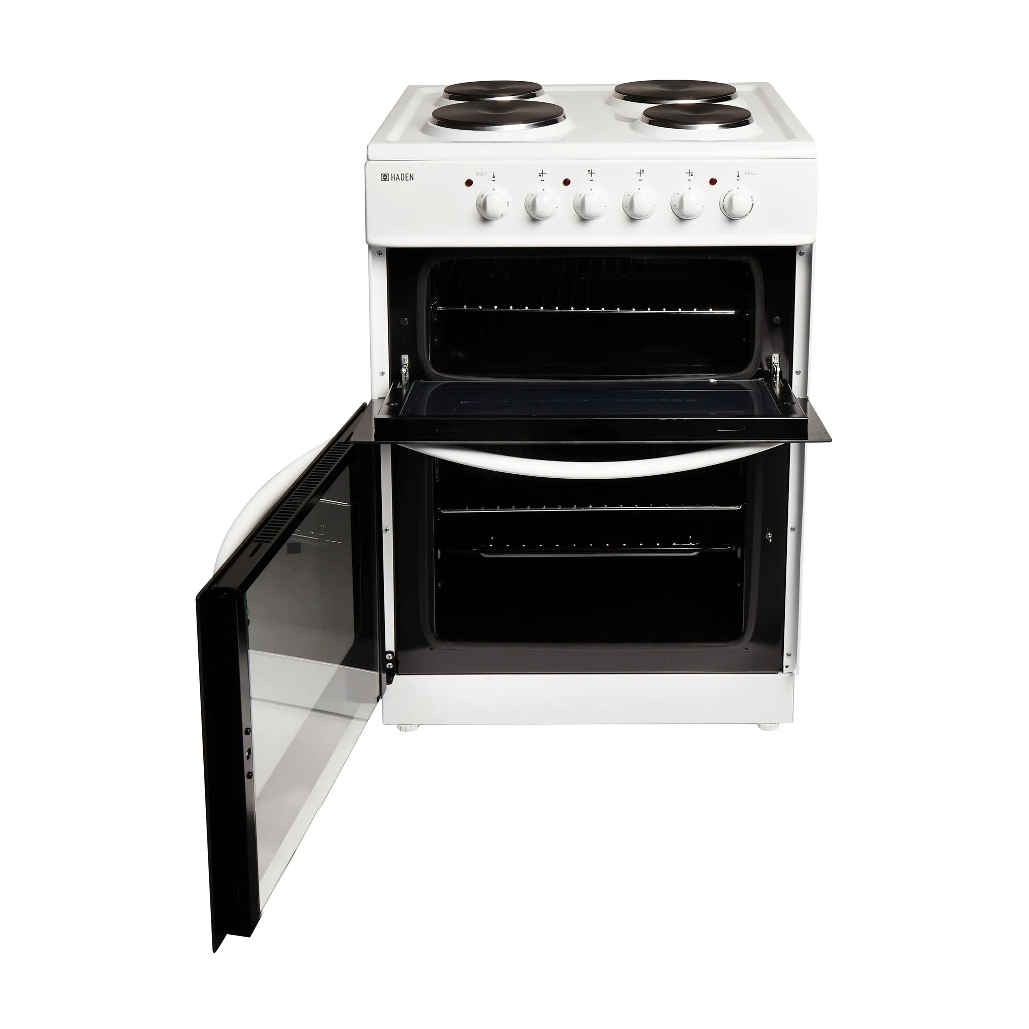 Haden White HEST60W 60cm Twin Cavity Electric Cooker With Solid Plate Hob