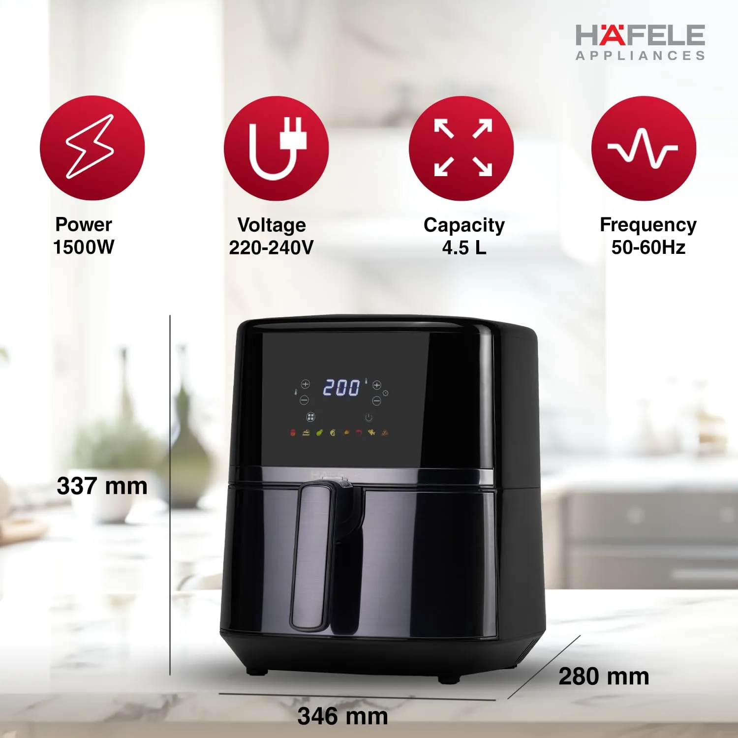 Hafele NOIL Lite 4.5L Digital Air Fryer with 360° Rapid Air Technology & Touch Panel with Colourful Icons for 8 -Preset Menus, Uses 90%Less Oil, Non-Stick Basket, 1500W (Brushed Steel)