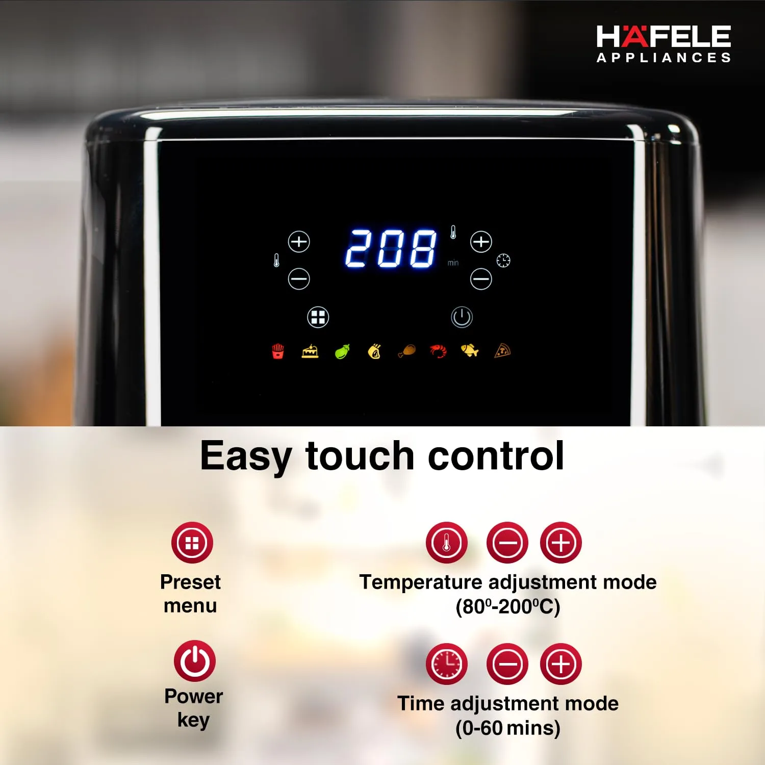 Hafele NOIL Lite 4.5L Digital Air Fryer with 360° Rapid Air Technology & Touch Panel with Colourful Icons for 8 -Preset Menus, Uses 90%Less Oil, Non-Stick Basket, 1500W (Brushed Steel)