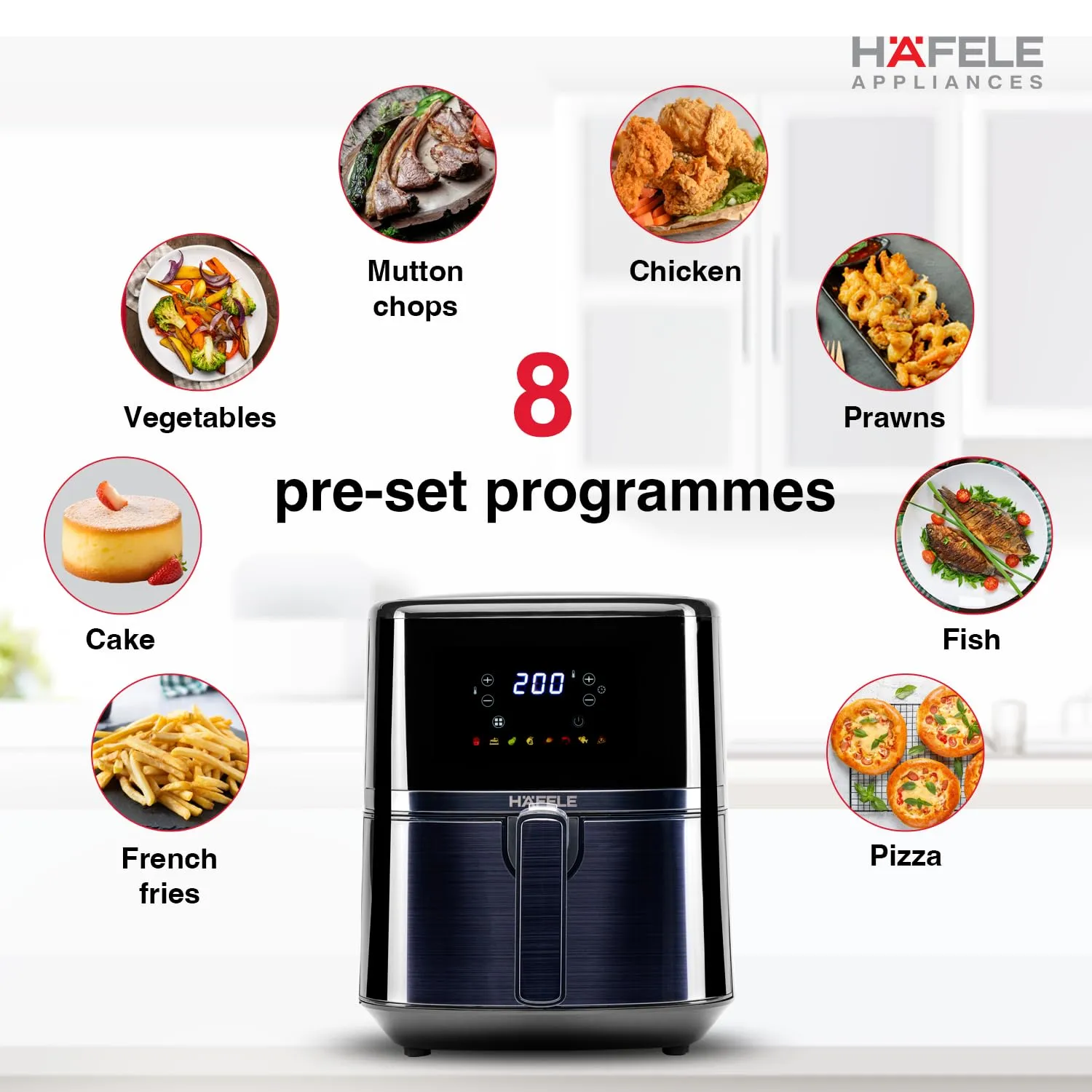 Hafele NOIL Lite 4.5L Digital Air Fryer with 360° Rapid Air Technology & Touch Panel with Colourful Icons for 8 -Preset Menus, Uses 90%Less Oil, Non-Stick Basket, 1500W (Brushed Steel)