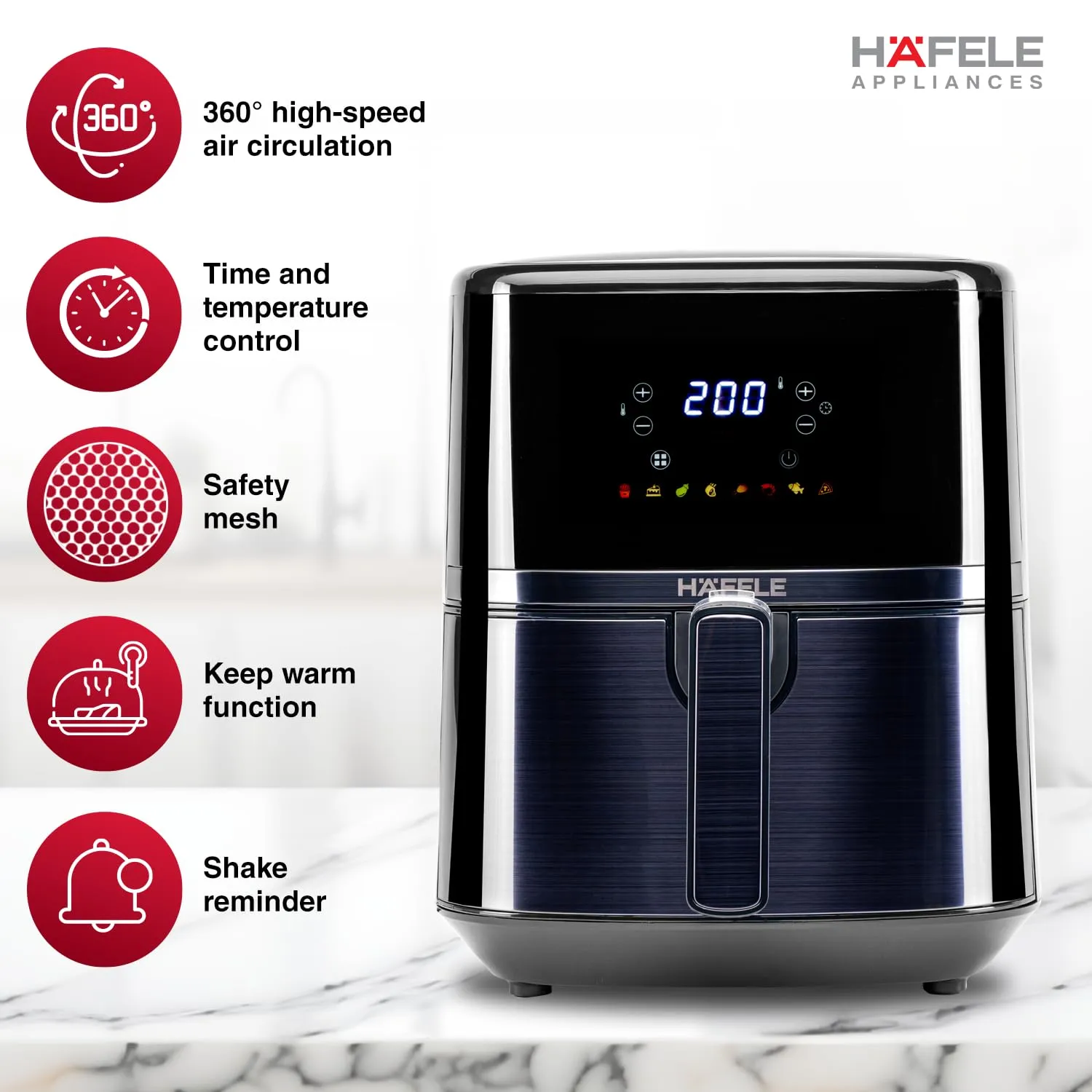 Hafele NOIL Lite 4.5L Digital Air Fryer with 360° Rapid Air Technology & Touch Panel with Colourful Icons for 8 -Preset Menus, Uses 90%Less Oil, Non-Stick Basket, 1500W (Brushed Steel)