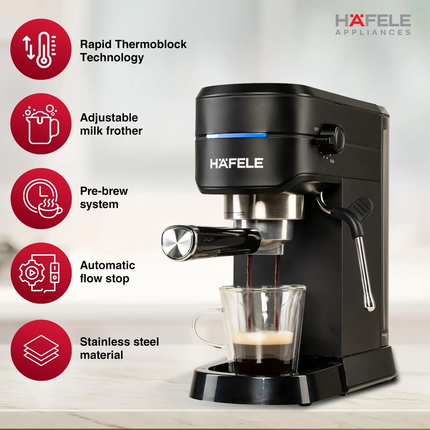 Hafele U-Kaffee Espresso Coffee Machine, 15-Bar Pressure, Single/Double Espresso, Cappuccino & Latte, Adjustable Milk Frother,  1450W New