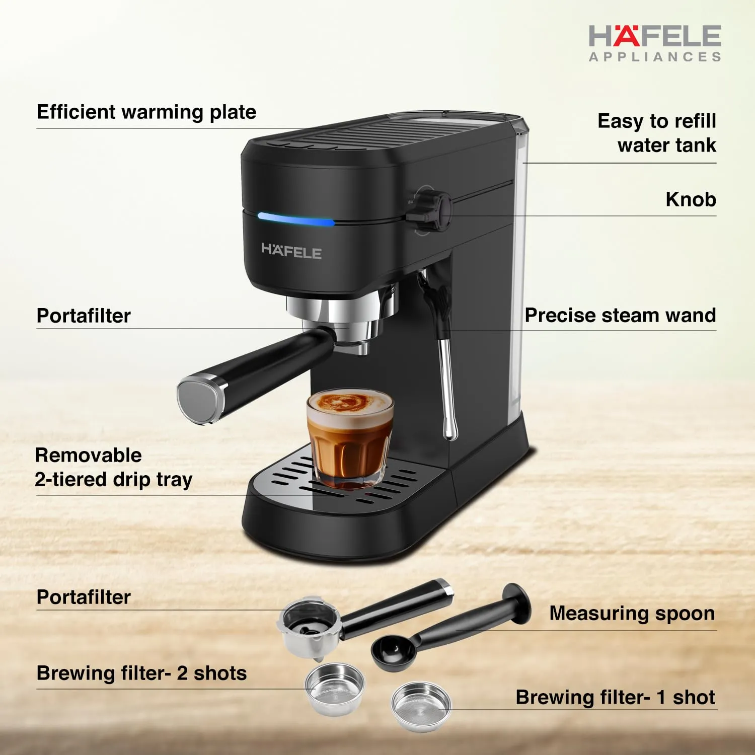 Hafele U-Kaffee Espresso Coffee Machine, 15-Bar Pressure, Single/Double Espresso, Cappuccino & Latte, Adjustable Milk Frother,  1450W New