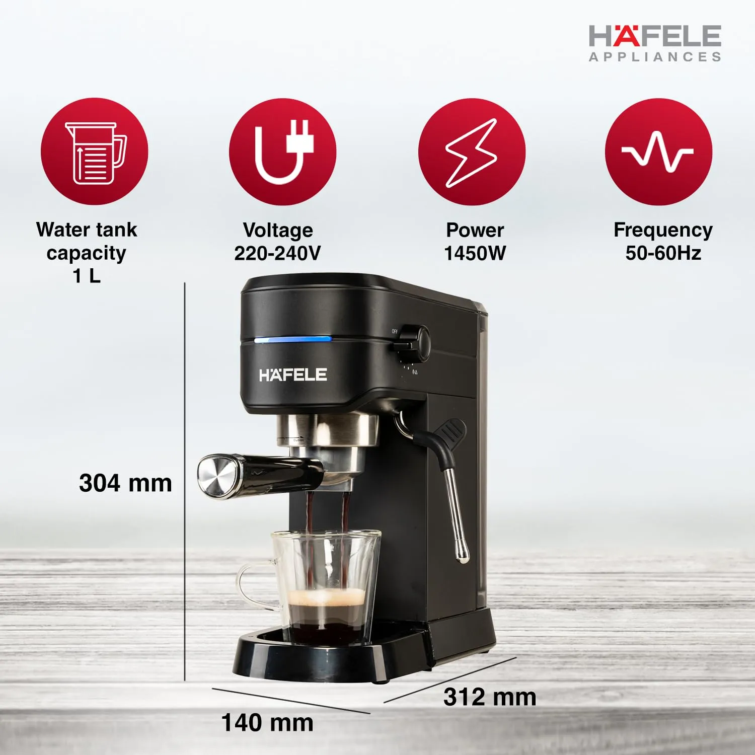 Hafele U-Kaffee Espresso Coffee Machine, 15-Bar Pressure, Single/Double Espresso, Cappuccino & Latte, Adjustable Milk Frother,  1450W New