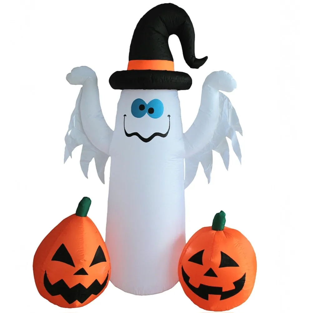 Halloween Ghost with Hat & Pumpkins - 6FT Tall Illuminated Inflatable