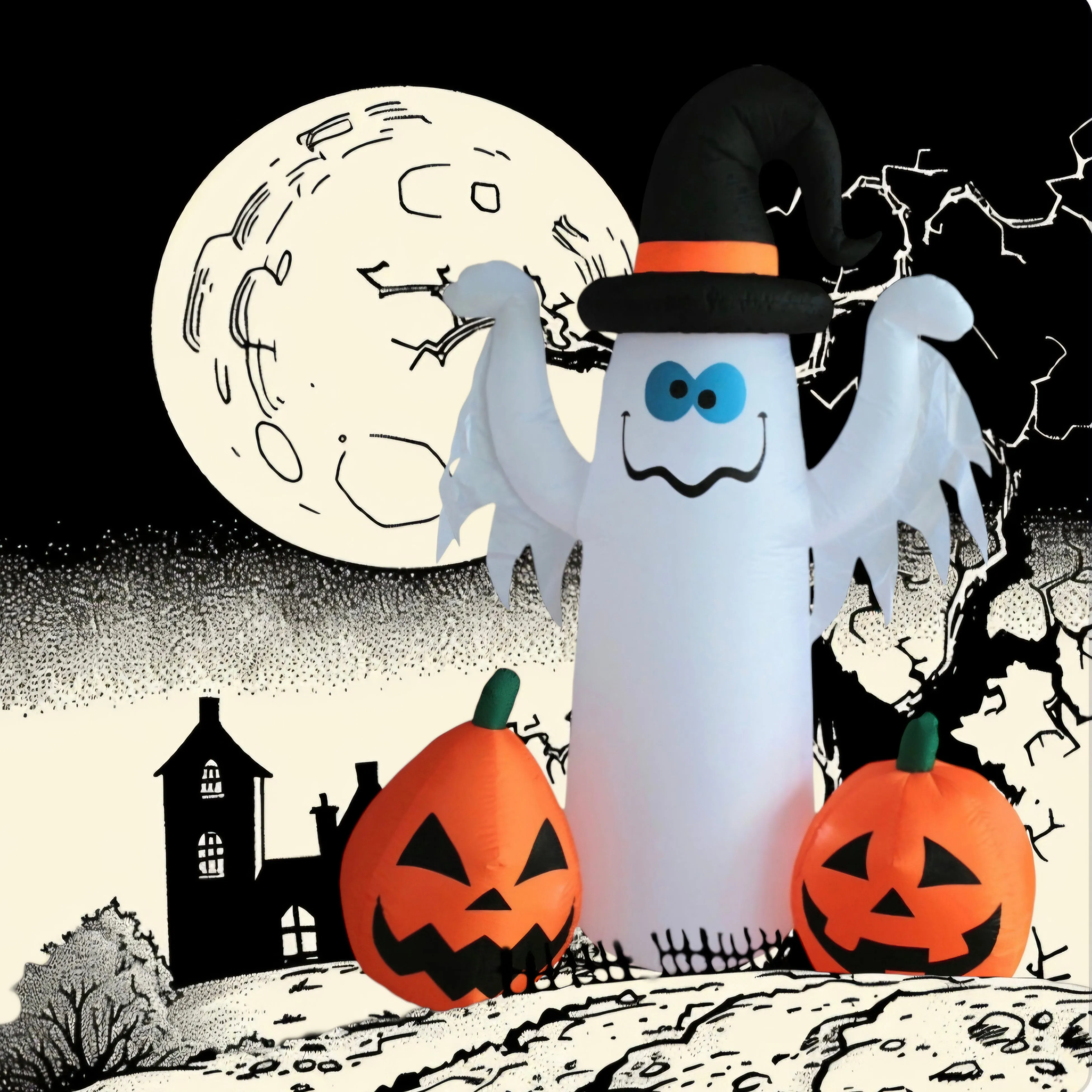 Halloween Ghost with Hat & Pumpkins - 6FT Tall Illuminated Inflatable