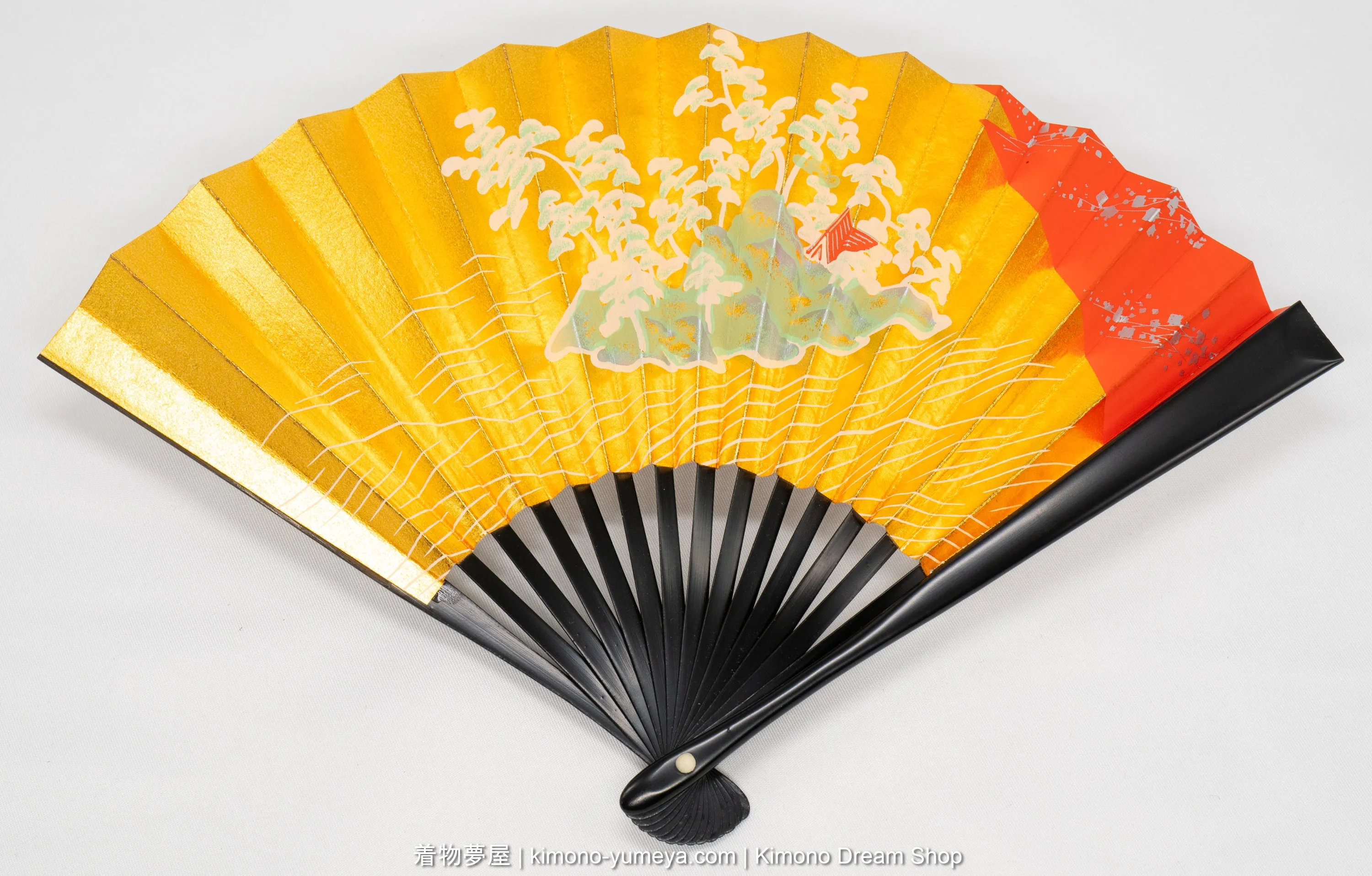 Hand-Painted Japanese Folding Fan - Island in the Ocean with Building & Trees - Vintage Gold & Silver Sensu