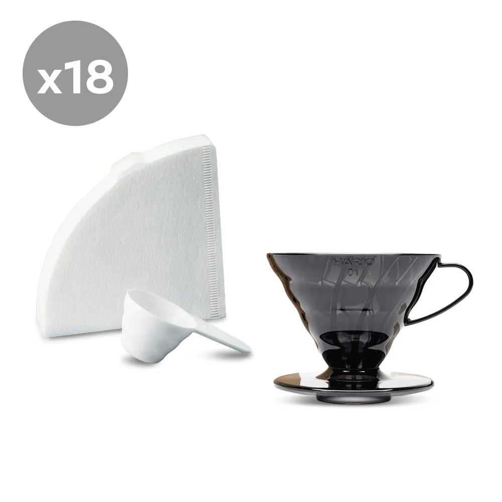 Hario V60 Coffee Dripper Set Transparent Black (Size 01) - Bundle of 18