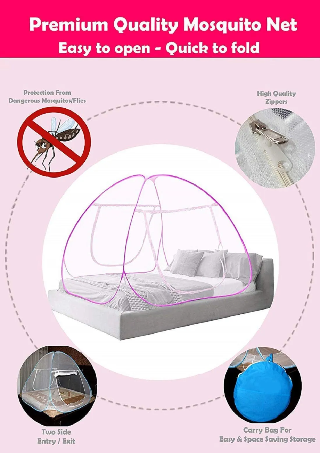 Heart Home Foldable Mosquito Net/Machhardani - Single Bed,6.5 Ft X 4 Ft (Blue), King (F_26_HEARTH016876)