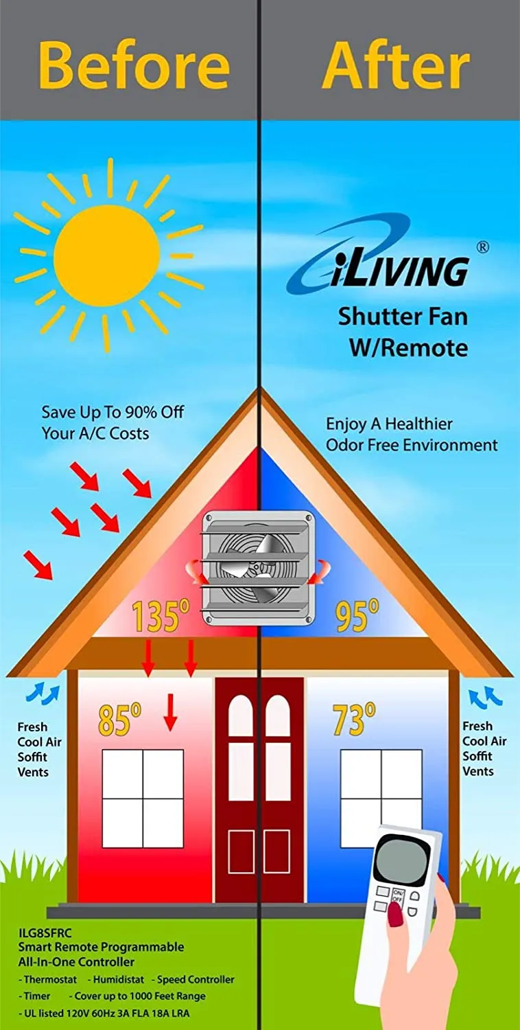 ILG8SF10VC - iLiving 10 Inch Smart Remote Shutter Exhaust Fan with Thermostat, Humidistat, Variable Speed, Timer, Wall Mounted, 10"