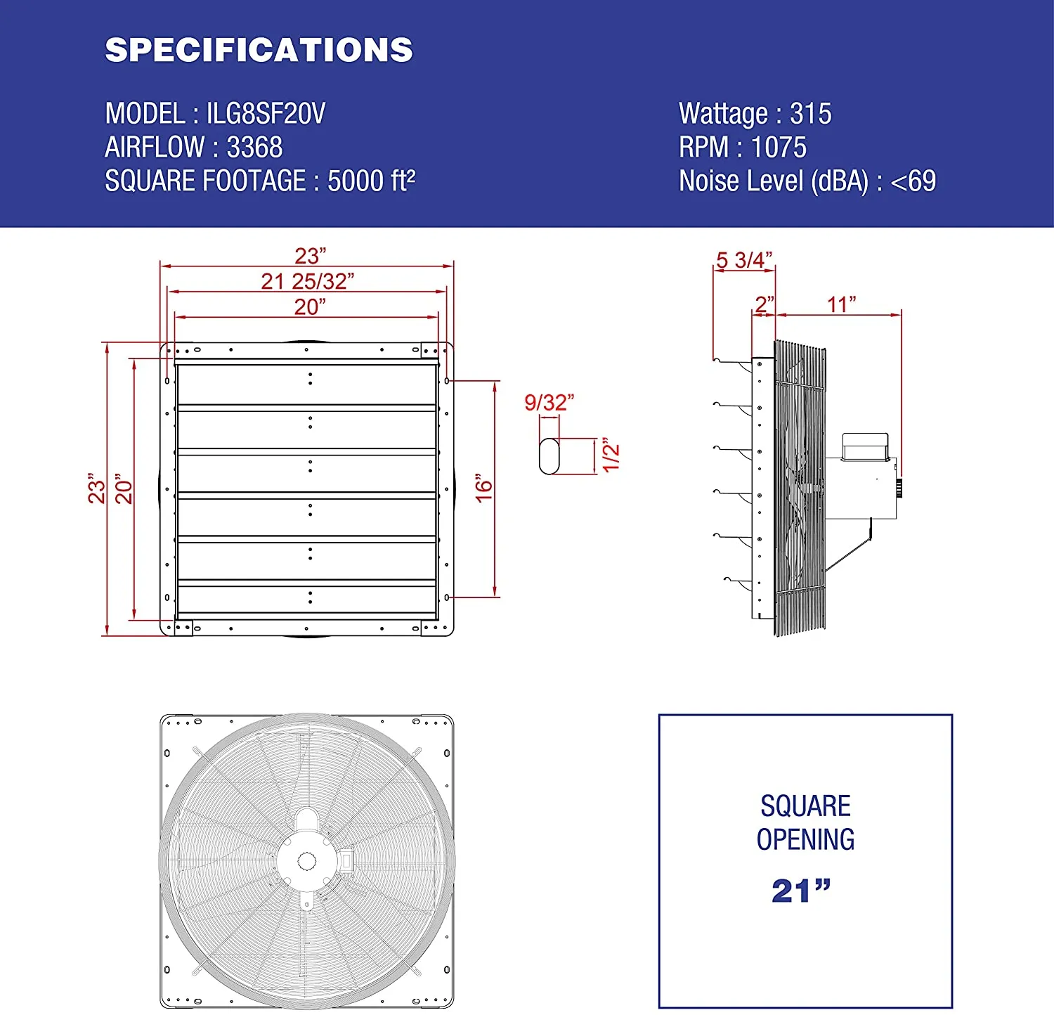 ILG8SF20V - iLIVING 20 Inch Variable Speed Shutter Exhaust Fan, Wall-Mounted