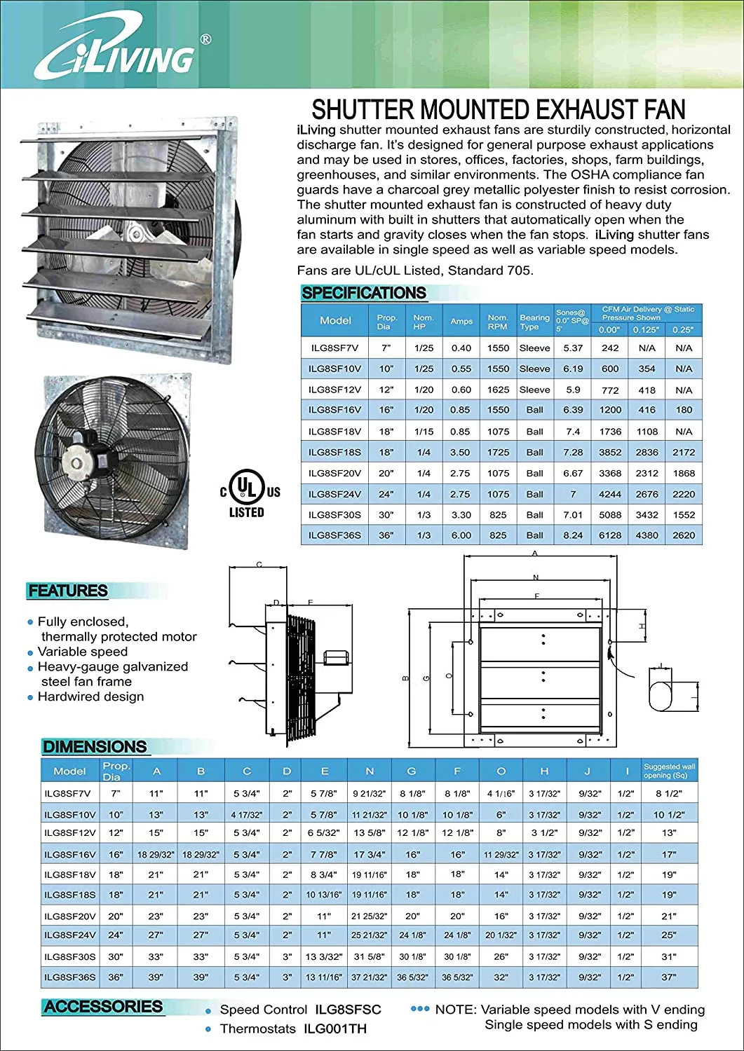 ILG8SF20V - iLIVING 20 Inch Variable Speed Shutter Exhaust Fan, Wall-Mounted