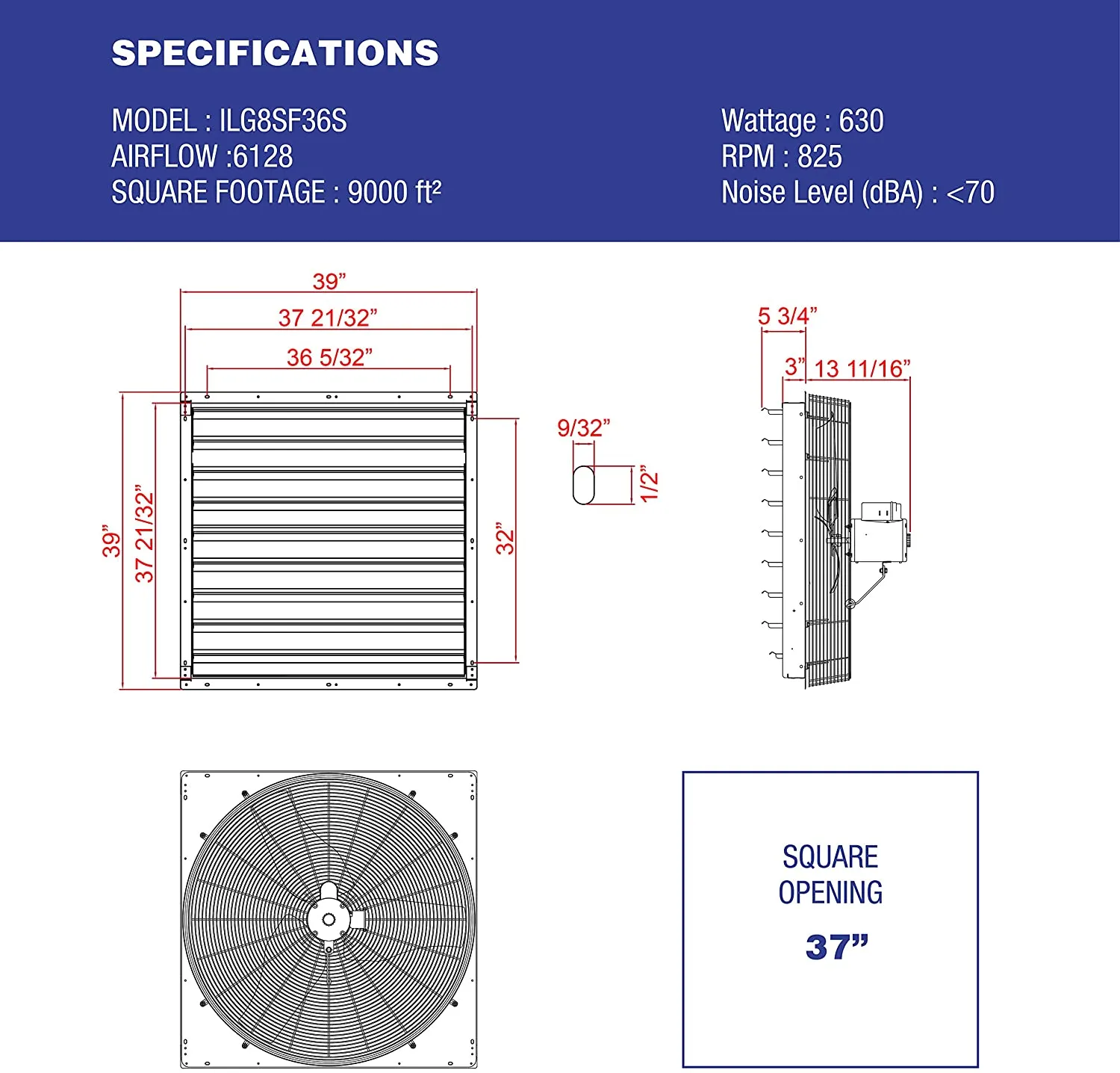 ILG8SF36S - iLIVING 36 Inch Single Speed Shutter Exhaust Fan, Wall-Mounted