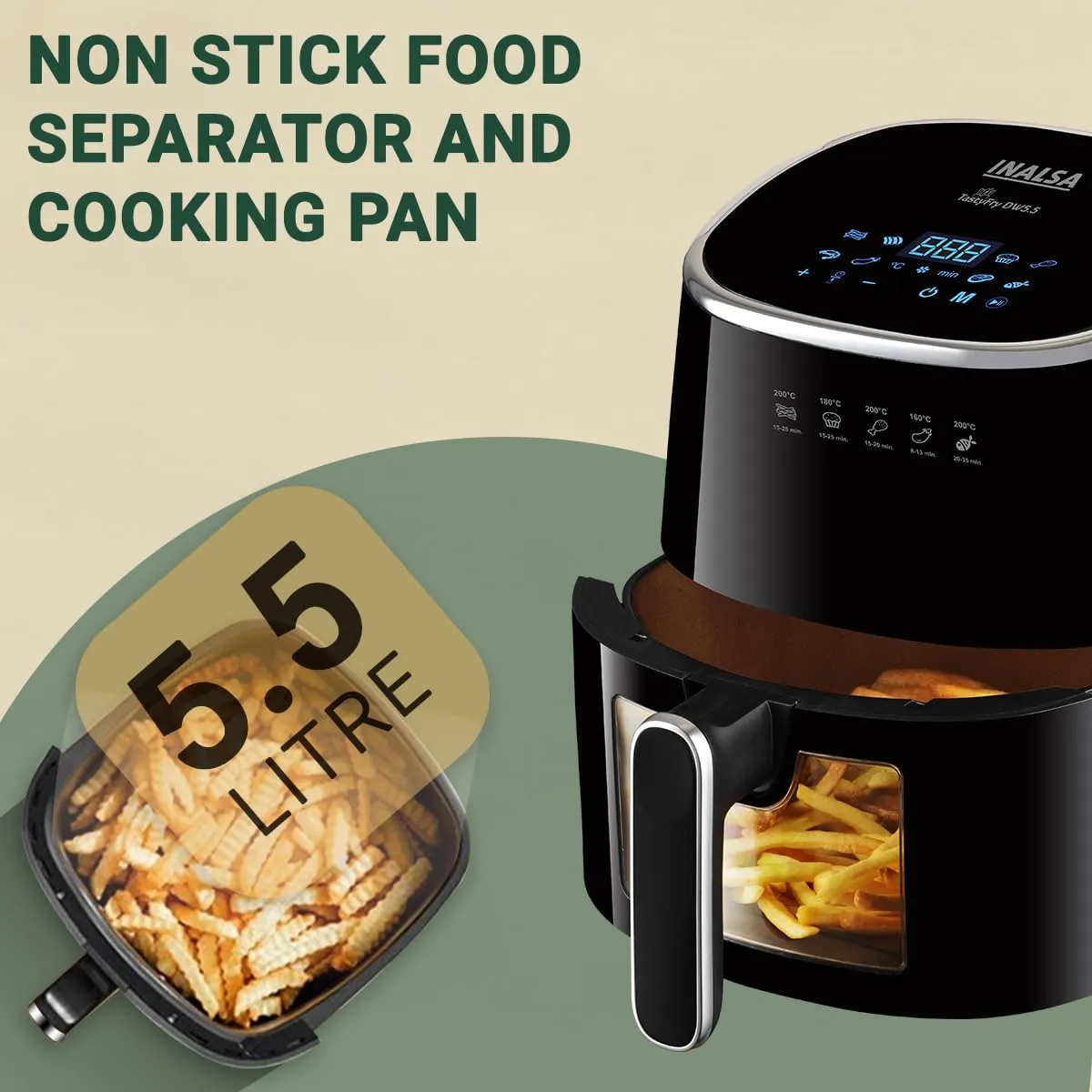 INALSA Tasty fry DW5.5 Air Fryer for Home|5.5 L Capacity|Visible Window & Internal Light|1600 W with Smart AirCrisp Technology|6-In-1 Appliance With 8 Preset Menu & Digital Display