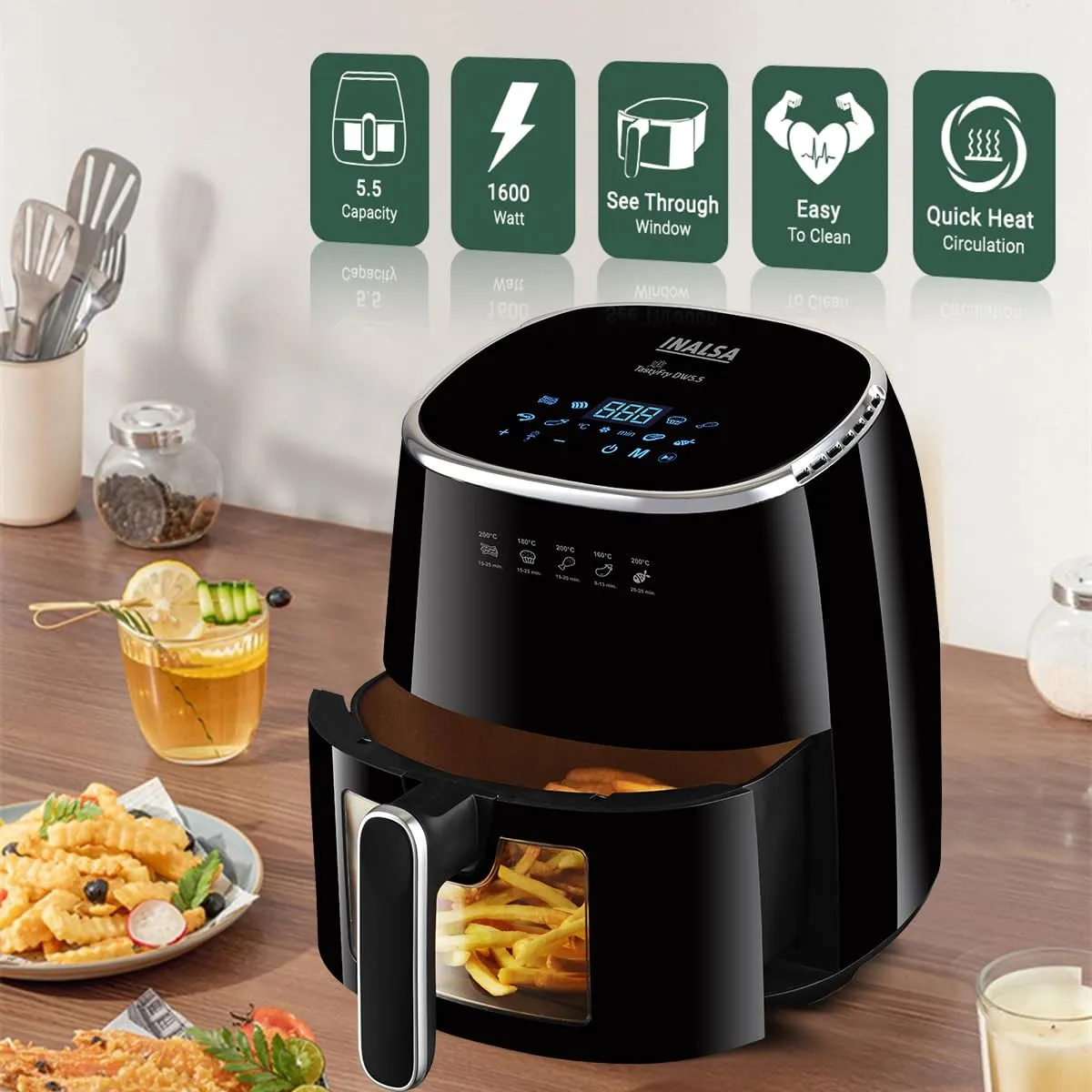 INALSA Tasty fry DW5.5 Air Fryer for Home|5.5 L Capacity|Visible Window & Internal Light|1600 W with Smart AirCrisp Technology|6-In-1 Appliance With 8 Preset Menu & Digital Display