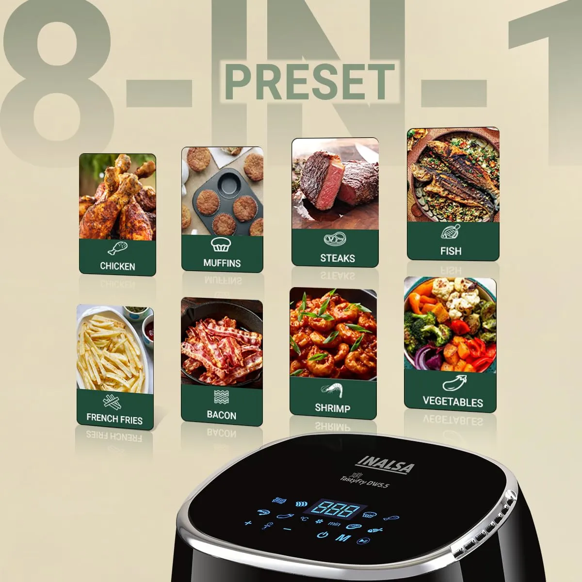 INALSA Tasty fry DW5.5 Air Fryer for Home|5.5 L Capacity|Visible Window & Internal Light|1600 W with Smart AirCrisp Technology|6-In-1 Appliance With 8 Preset Menu & Digital Display