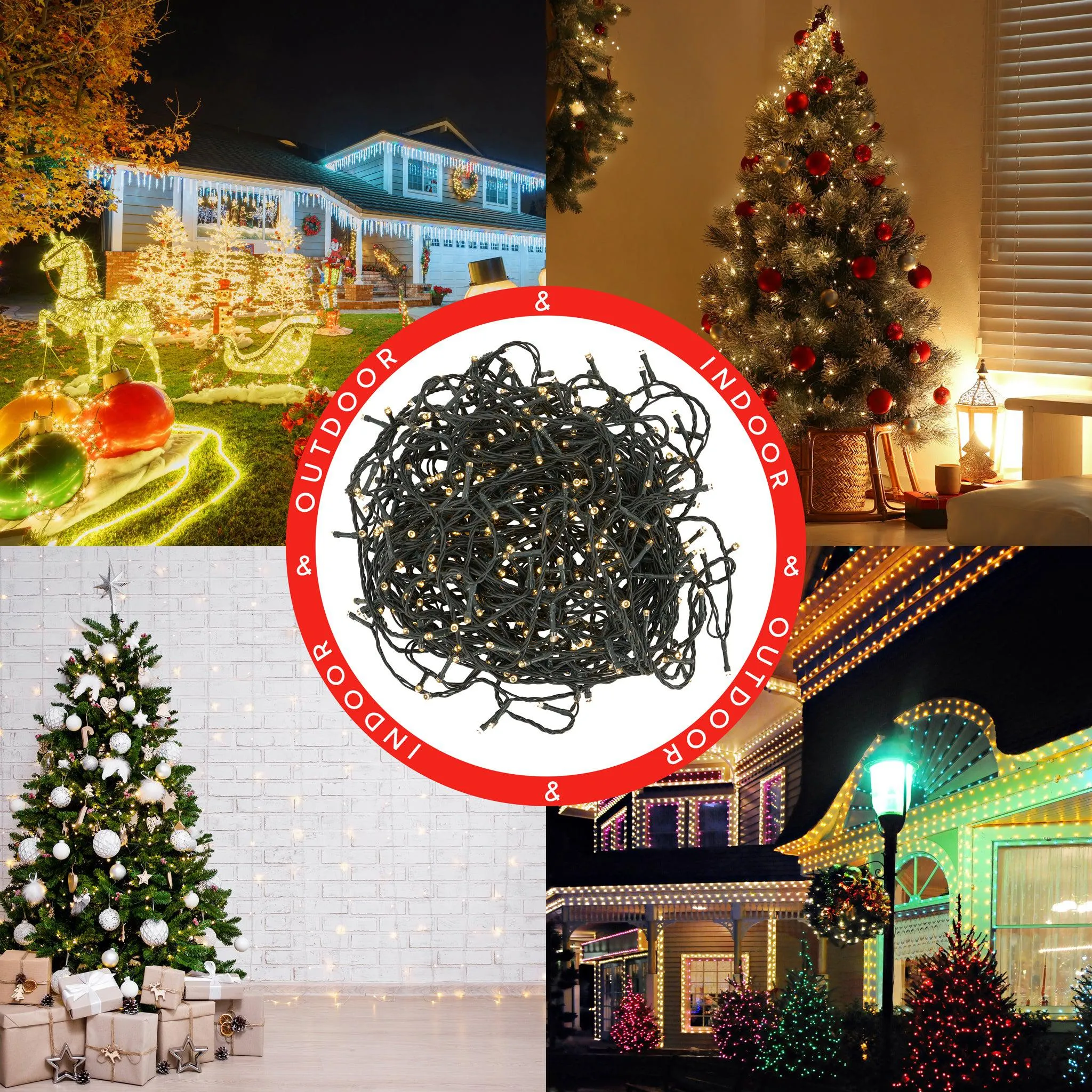 Indoor/Outdoor 8 Function LED Waterproof Fairy Lights with Green Cable (200 Lights - 18M Cable) - Warm White Lights