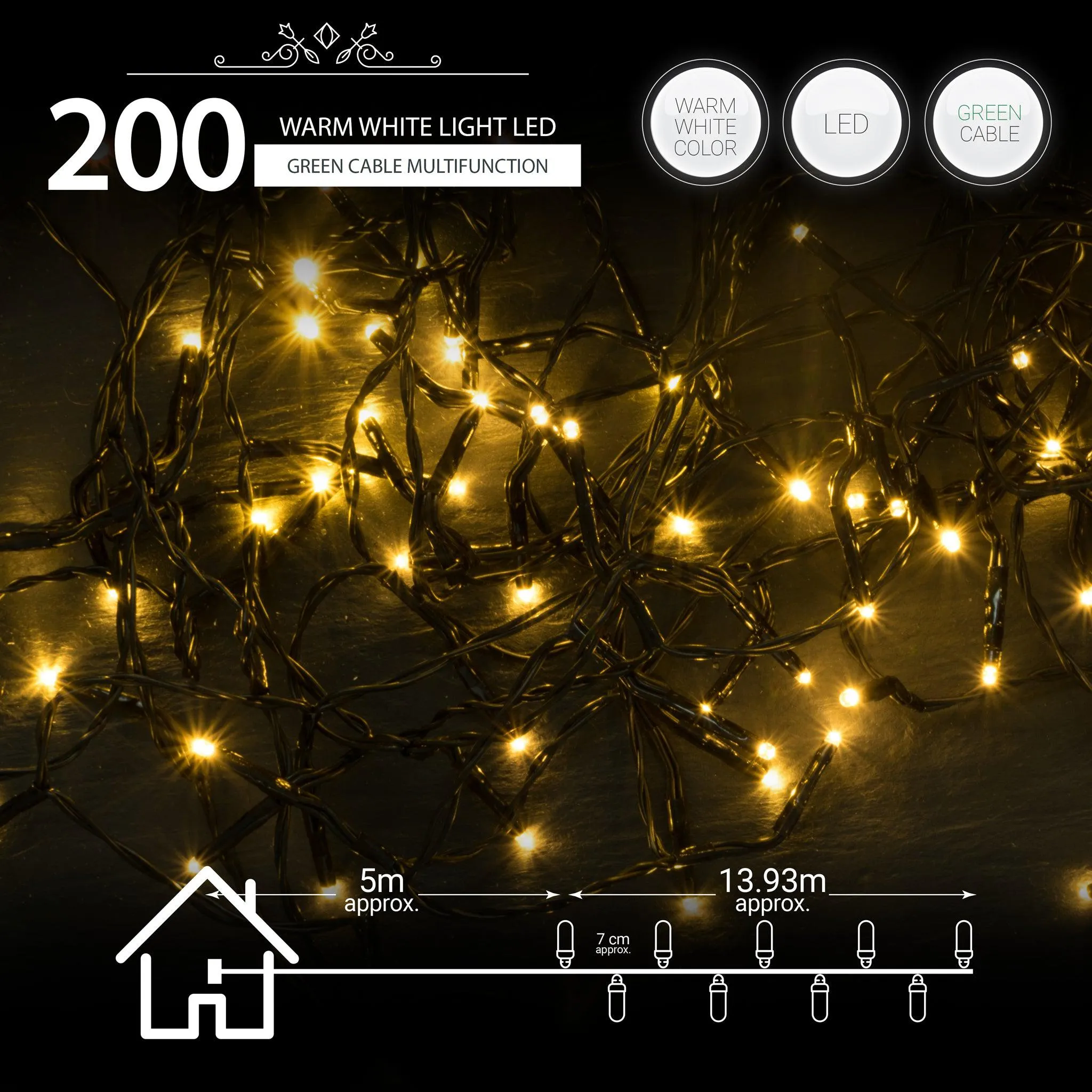 Indoor/Outdoor 8 Function LED Waterproof Fairy Lights with Green Cable (200 Lights - 18M Cable) - Warm White Lights