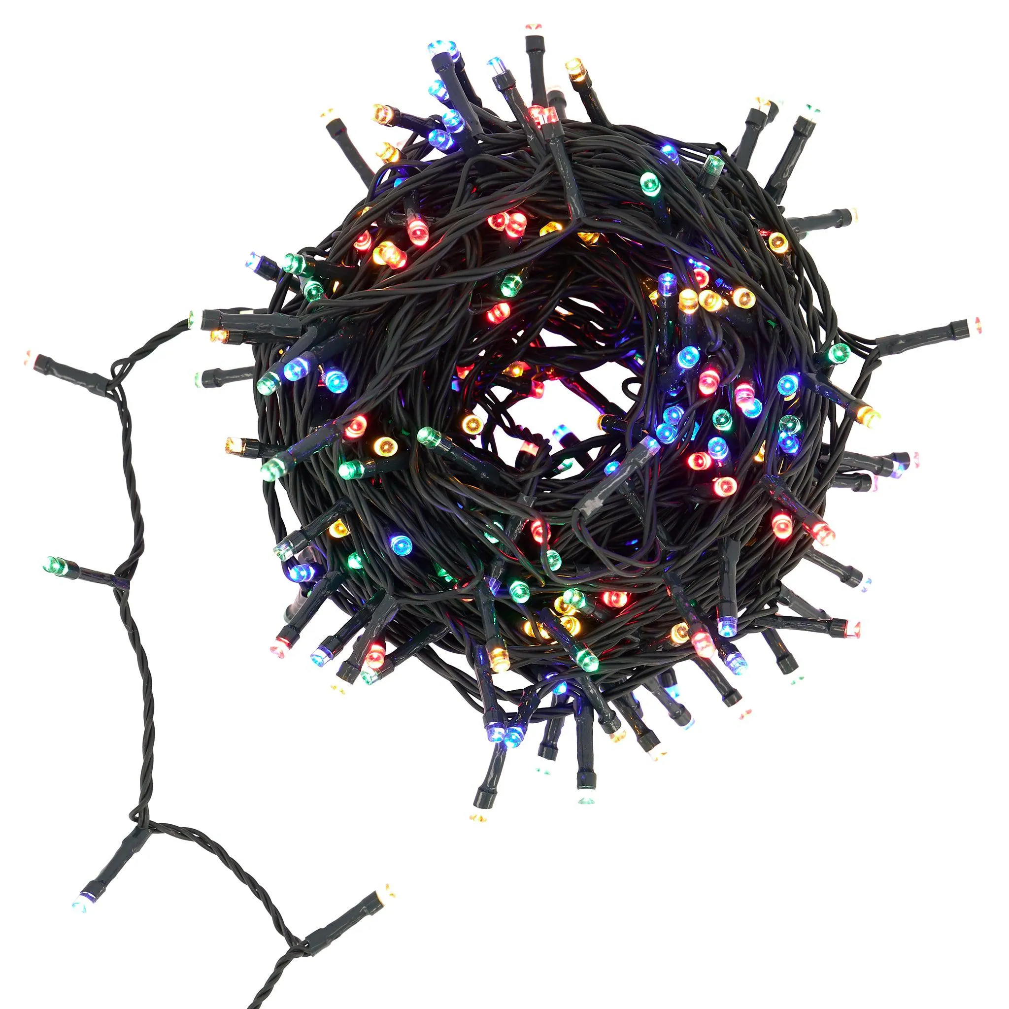 Indoor/Outdoor Static LED Waterproof Fairy Lights with Green Cable (300 Lights - 25M Cable) - Multicoloured Lights