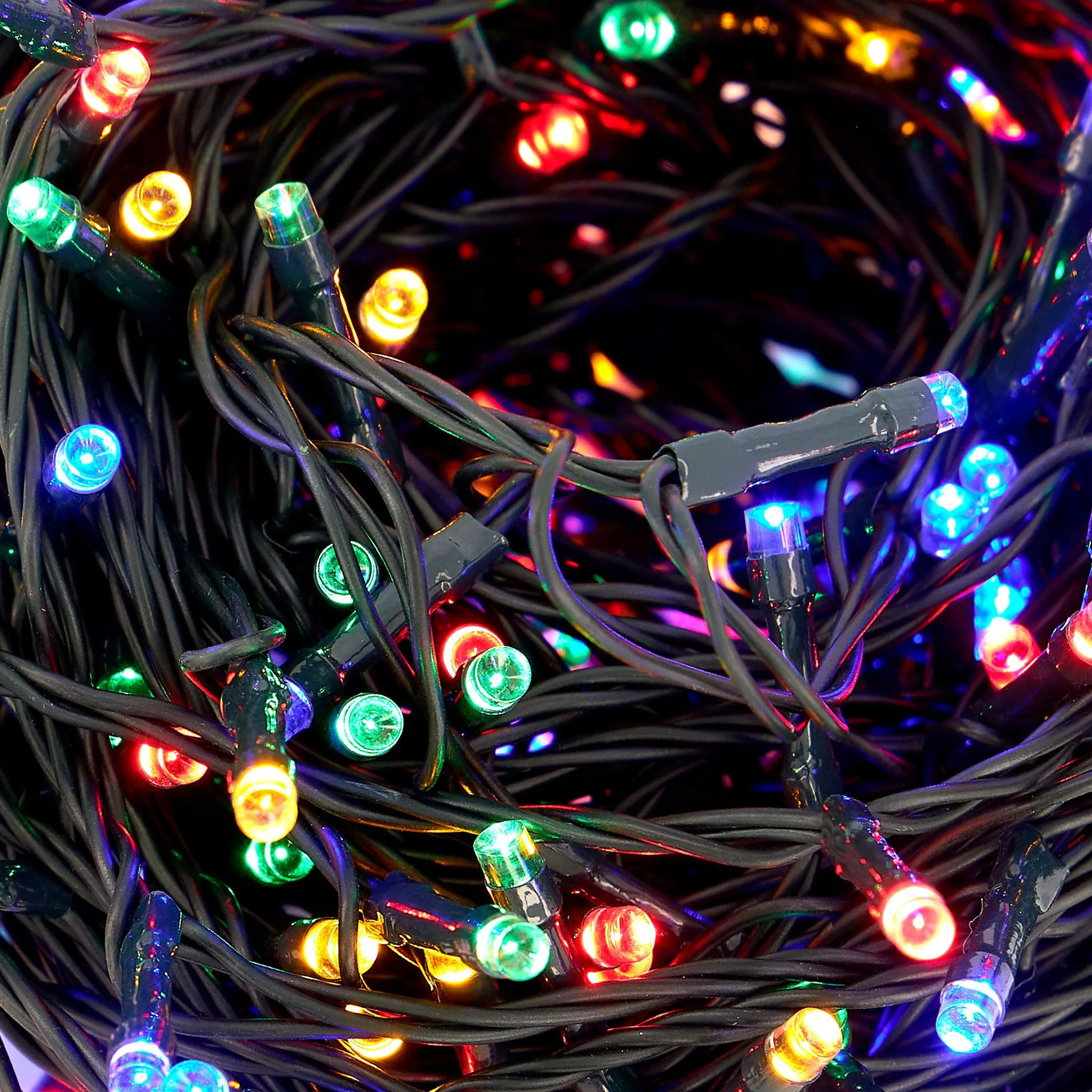 Indoor/Outdoor Static LED Waterproof Fairy Lights with Green Cable (300 Lights - 25M Cable) - Multicoloured Lights