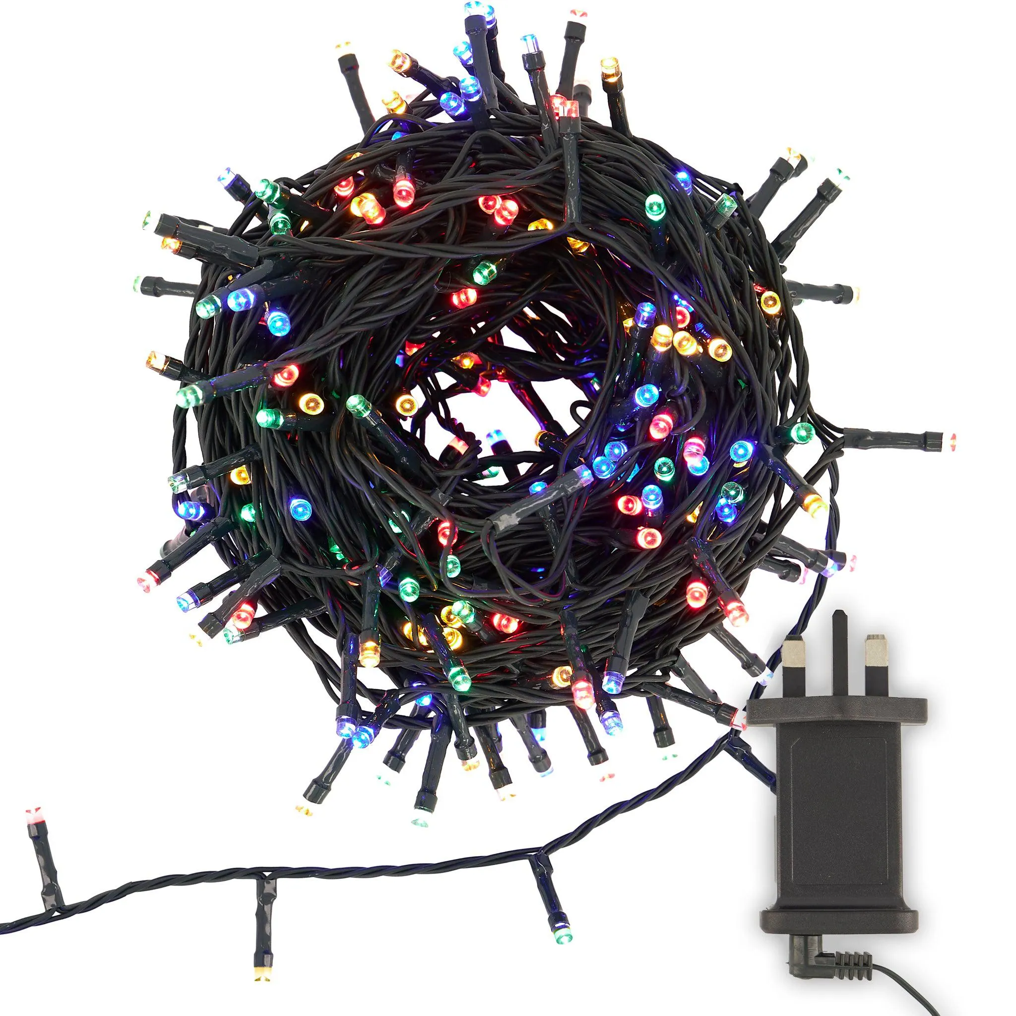 Indoor/Outdoor Static LED Waterproof Fairy Lights with Green Cable (300 Lights - 25M Cable) - Multicoloured Lights