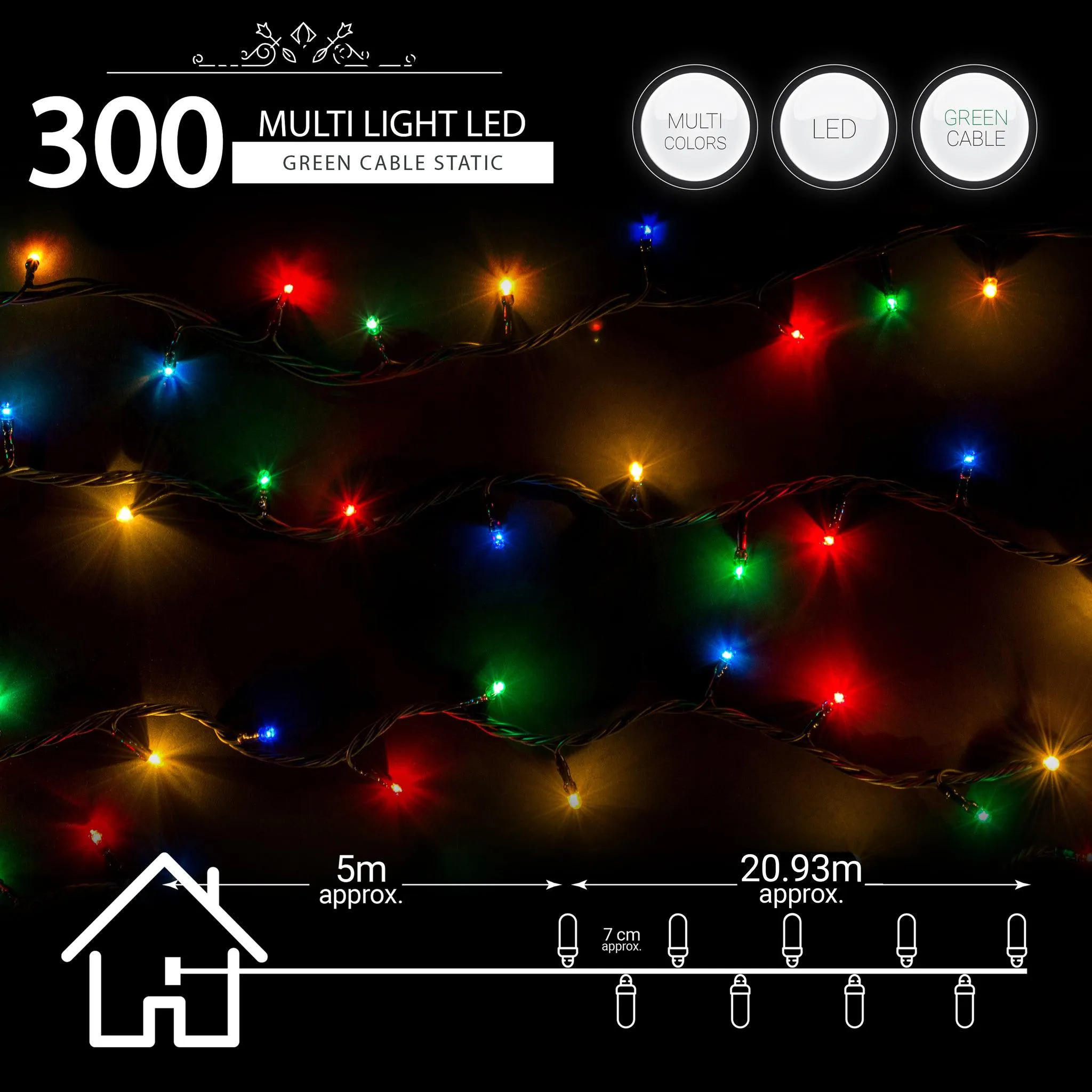 Indoor/Outdoor Static LED Waterproof Fairy Lights with Green Cable (300 Lights - 25M Cable) - Multicoloured Lights