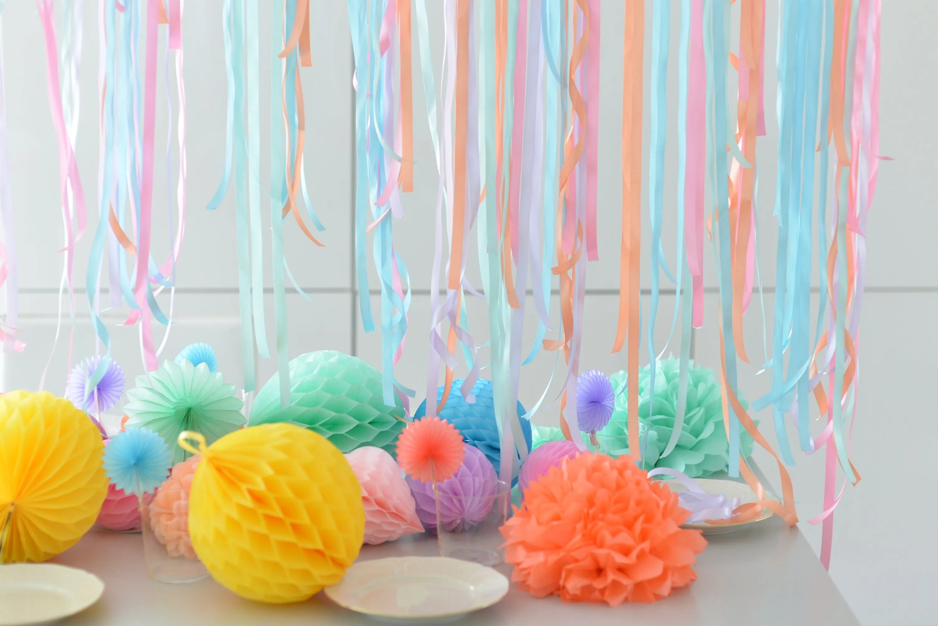 It's a party Paper pom pom and honeycomb balls party set  | Mint, pink, lilac, peach Tissue paper pompoms