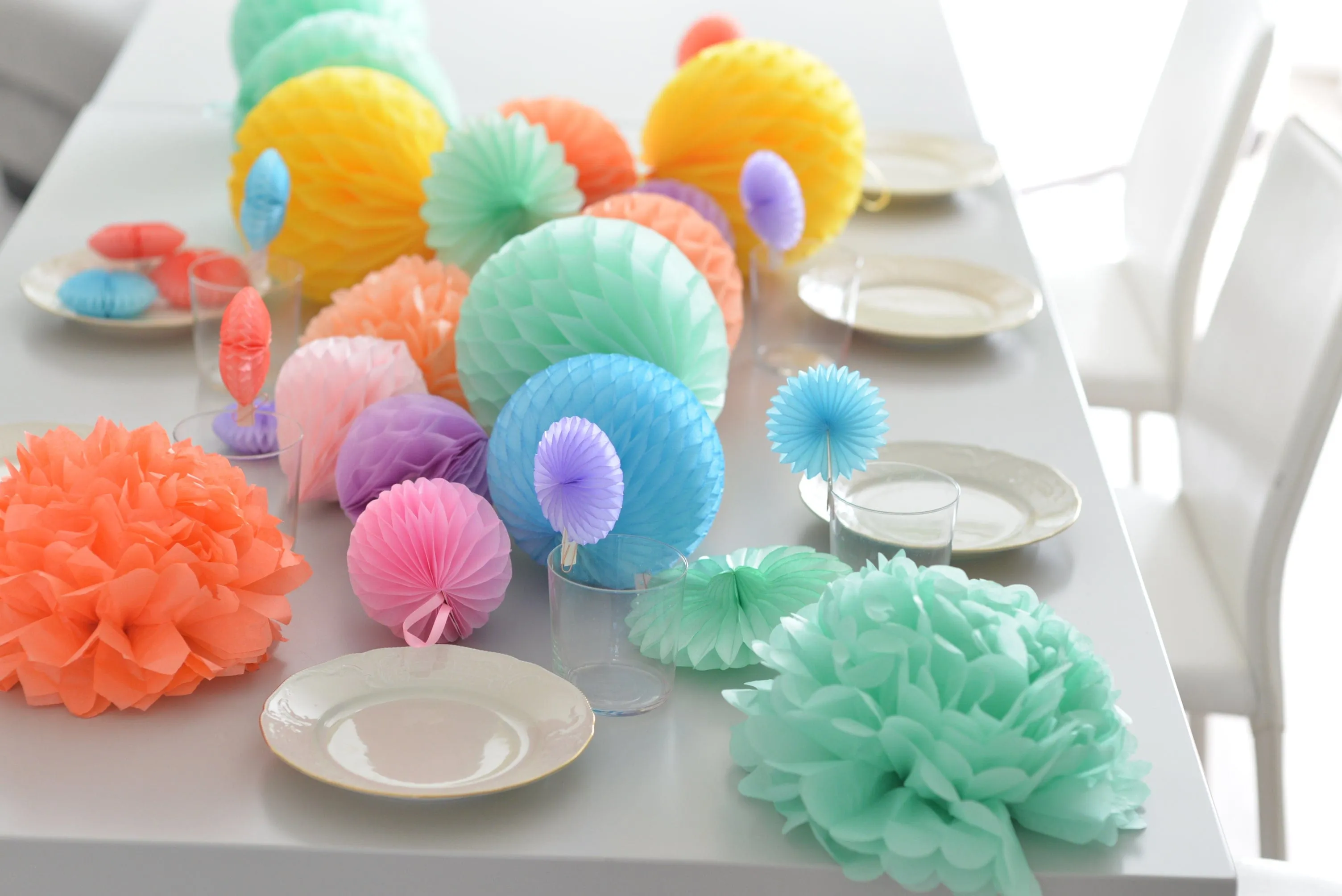 It's a party Paper pom pom and honeycomb balls party set  | Mint, pink, lilac, peach Tissue paper pompoms