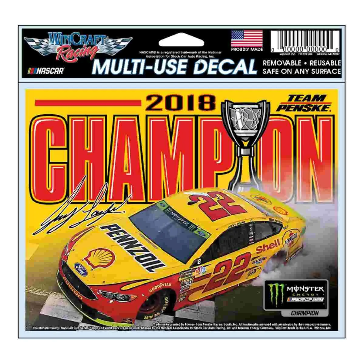 Joey Logano #22 2018 NASCAR Monster Energy Cup Champion Multi-Use Decal