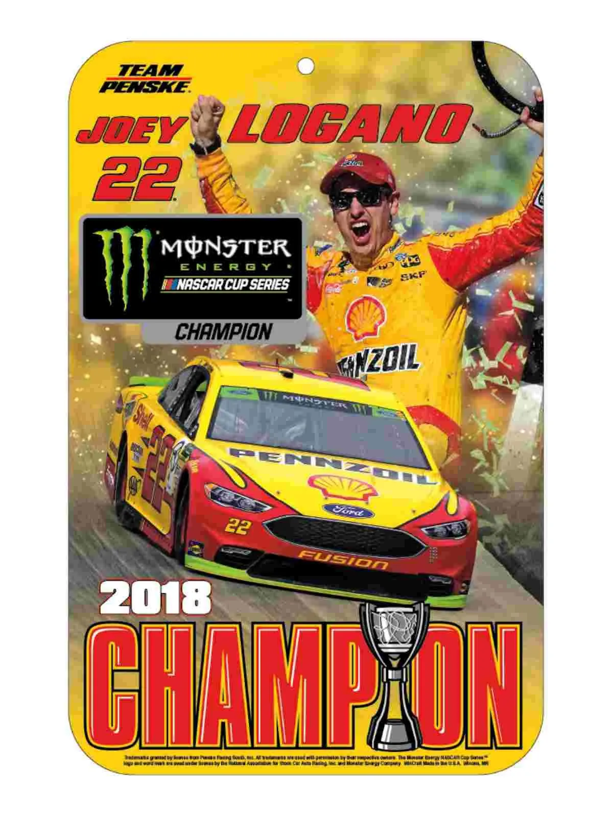 Joey Logano #22 2018 NASCAR Monster Energy Cup Champion Plastic Wall Sign