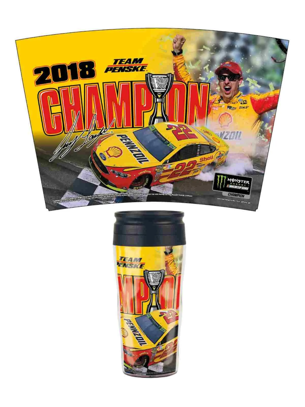 Joey Logano #22 2018 NASCAR Monster Energy Cup Champion Travel Mug Tumbler